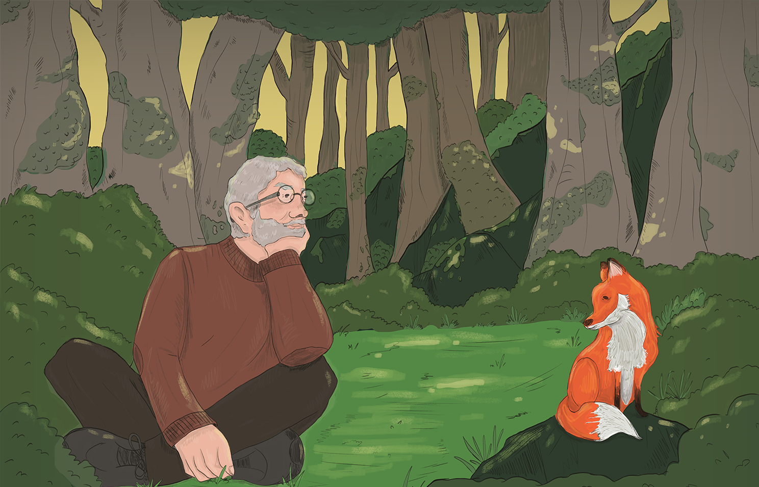 Ein älterer Mann mit Brille, grauem Haar und Bart sitzt in einem grünen Wald und schaut blickdicht auf einen rot-weißen Fuchs, der auf einem Felsen sitzt.