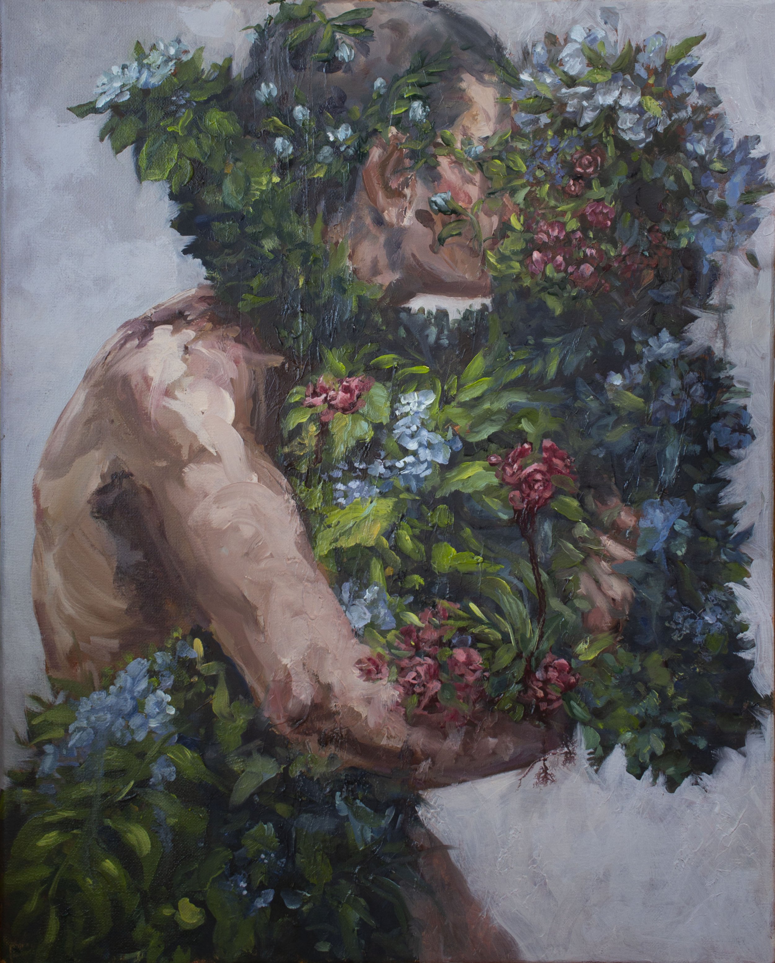 An oil painting of two figures embracing, one completely constructed of foliage and flowers.