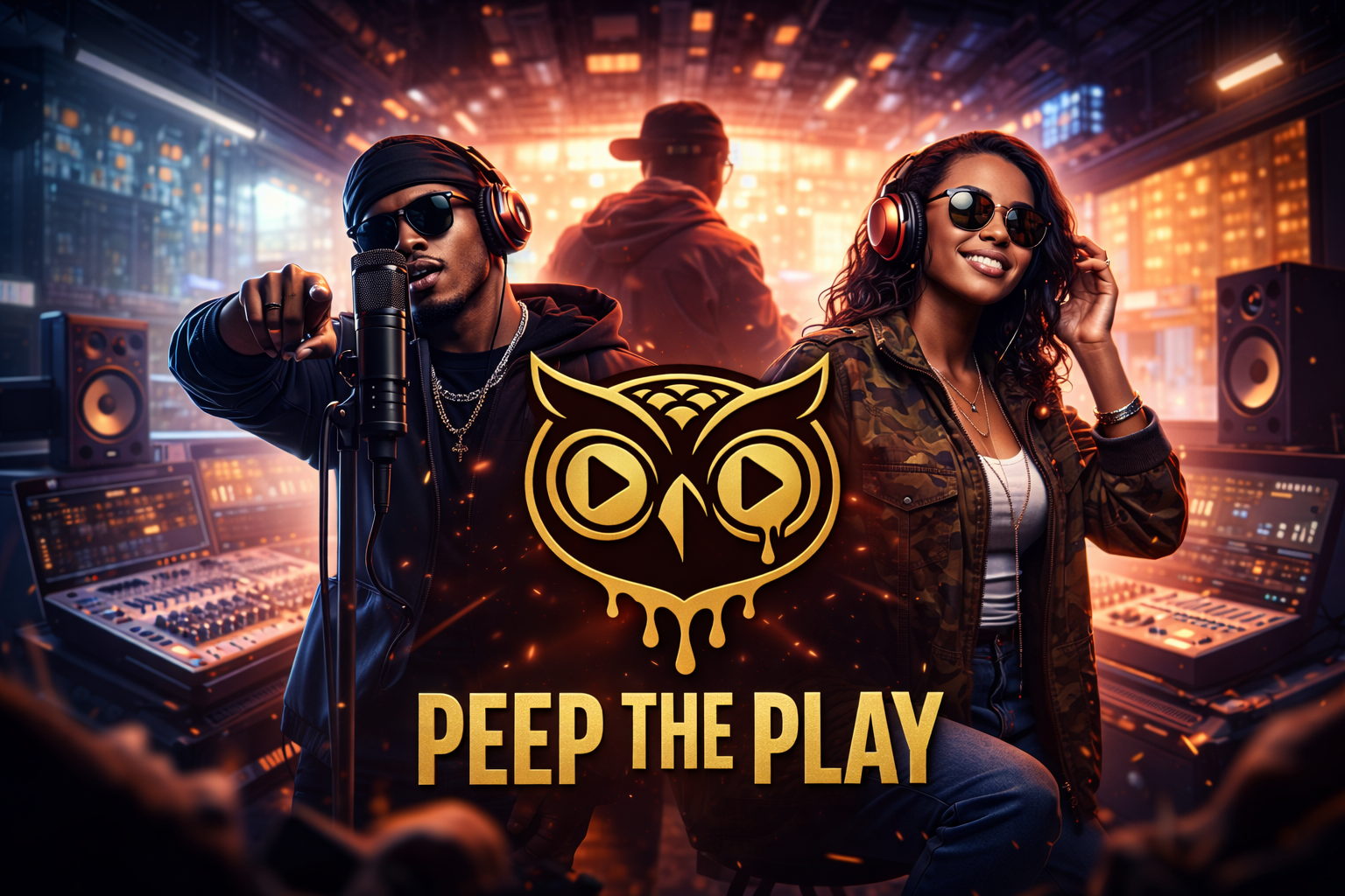 A colorful digital illustration of a DJ booth with two young people, one male and one female, wearing headphones and sunglasses, in a studio or club setting with equipment and city lights in the background. There is a gold owl logo with the text 'PEEP THE PLAY' at the bottom.