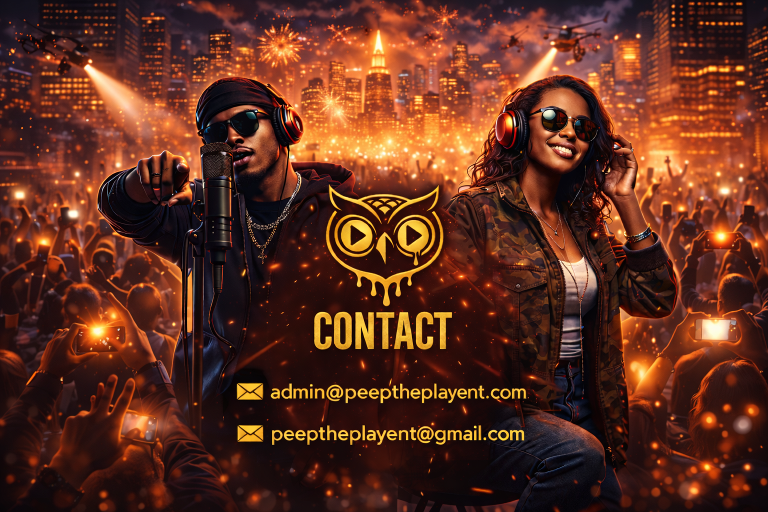 A vibrant concert scene with a DJ and female singer on stage, city skyline and fireworks in the background, crowd holding up phones, overlay with contact information and a logo featuring an owl and headphones.