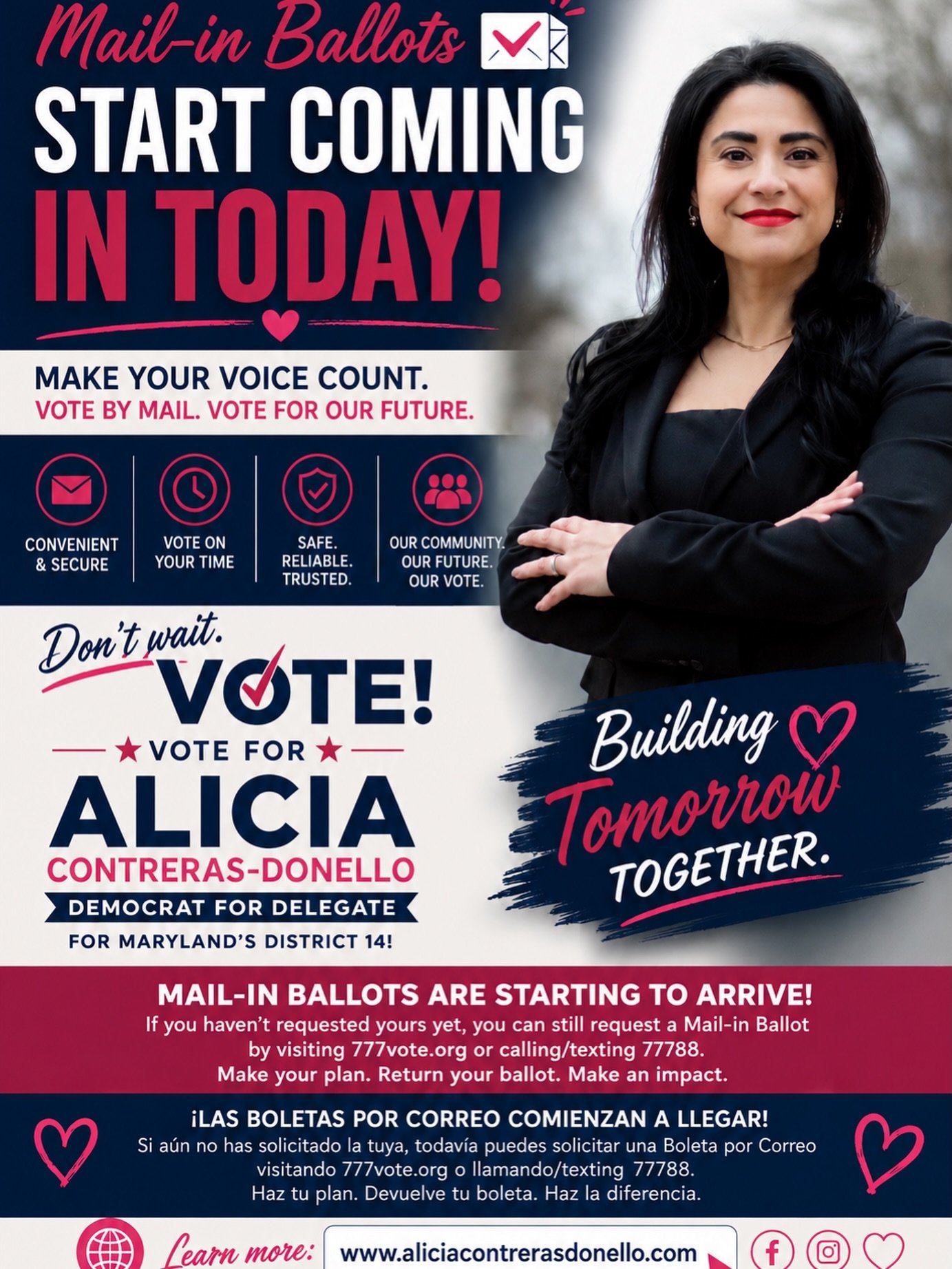 Mail-in ballots are starting to arrive today across Montgomery County 🗳️💛

Voting by mail is safe, secure, and an easy way to make your voice heard. Make your plan, return your ballot, and don&rsquo;t forget to vote for Alicia Contreras-Donello, De