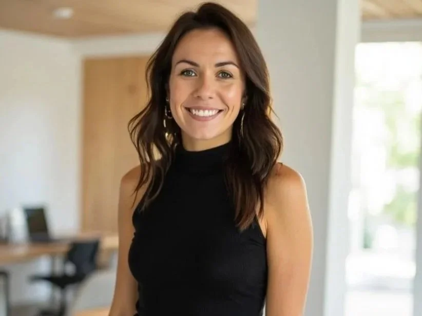 A woman with shoulder-length brown hair, smiling, wearing a black sleeveless top, standing inside a modern home with wooden accents and large windows.