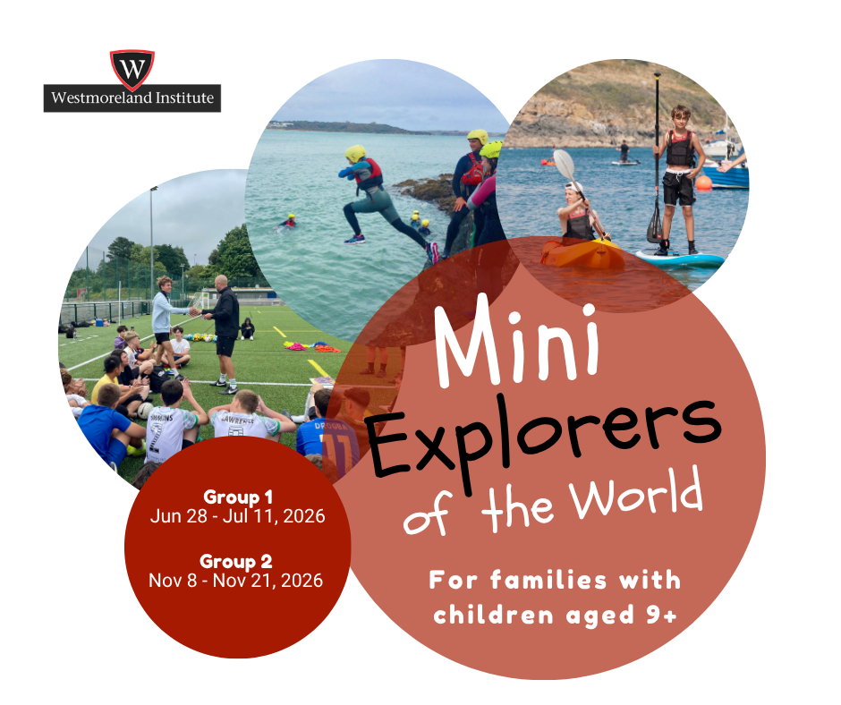 A promotional flyer for Westmoreland Institute's 'Mini Explorers of the World' program, featuring photos of children engaging in water activities, kayaking, paddleboarding, and a group of kids on a sports field. The flyer lists three groups with different dates and notes it is for families with children aged 9 and up.