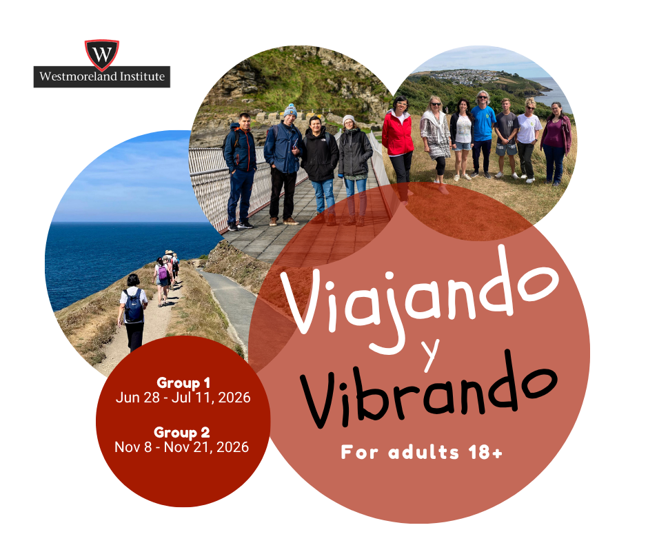 Flyer promoting a traveling and vibrancy program for adults 18+, organized by Westmoreland Institute, featuring photos of groups hiking outdoors on cliffs and near a coast, with dates for three groups in 2026.
