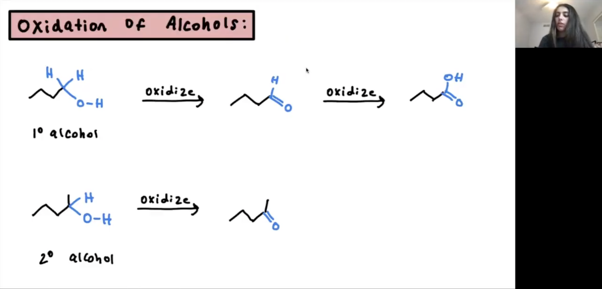 Diagram showing the oxidation process of primary and secondary alcohols, with chemical structures and oxidation steps labeled.