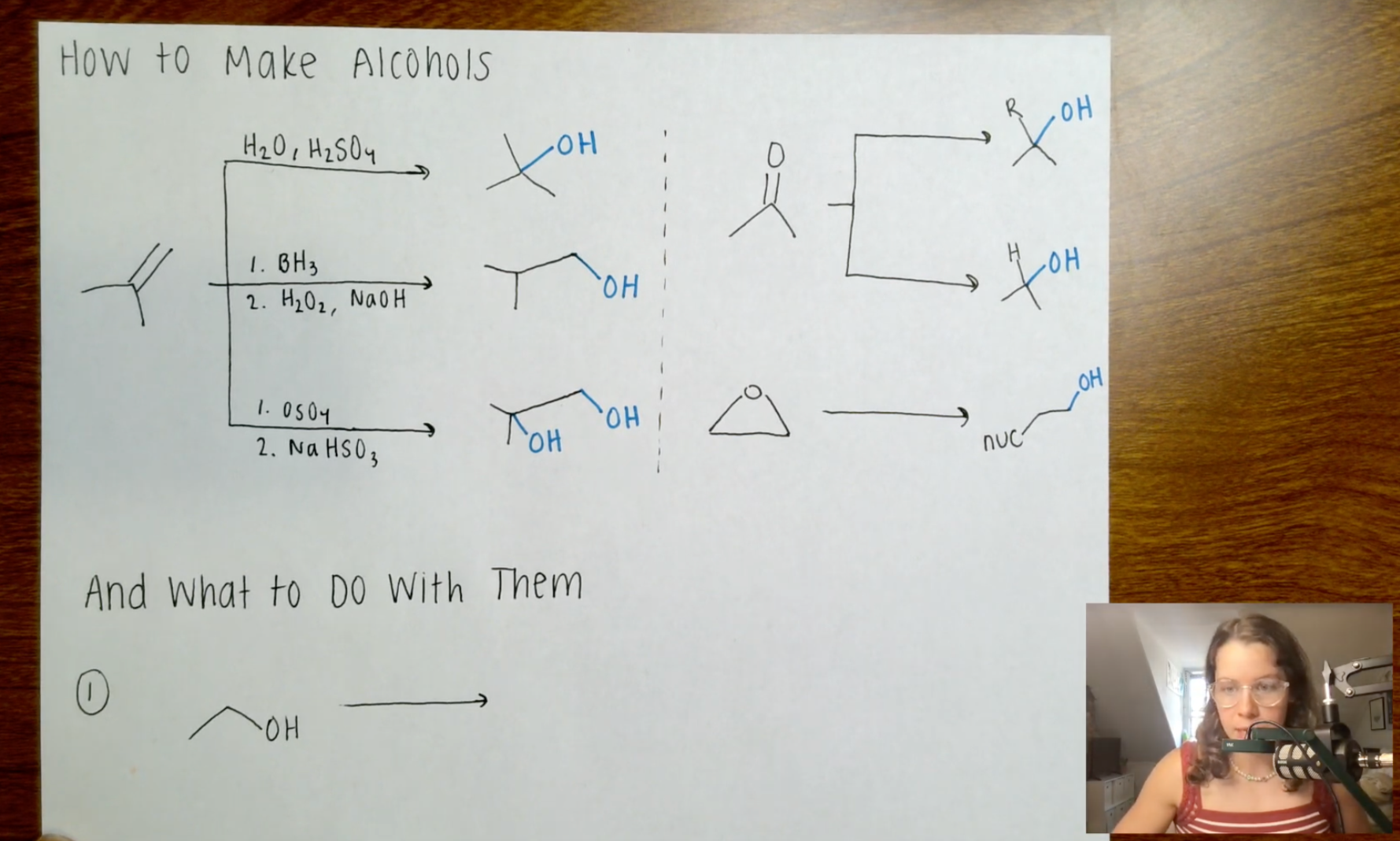 A whiteboard with handwritten notes and chemical structures explaining how to make alcohols, including a list of reagents and reactions. There is also a small inset image of a woman speaking into a microphone in the bottom right corner.