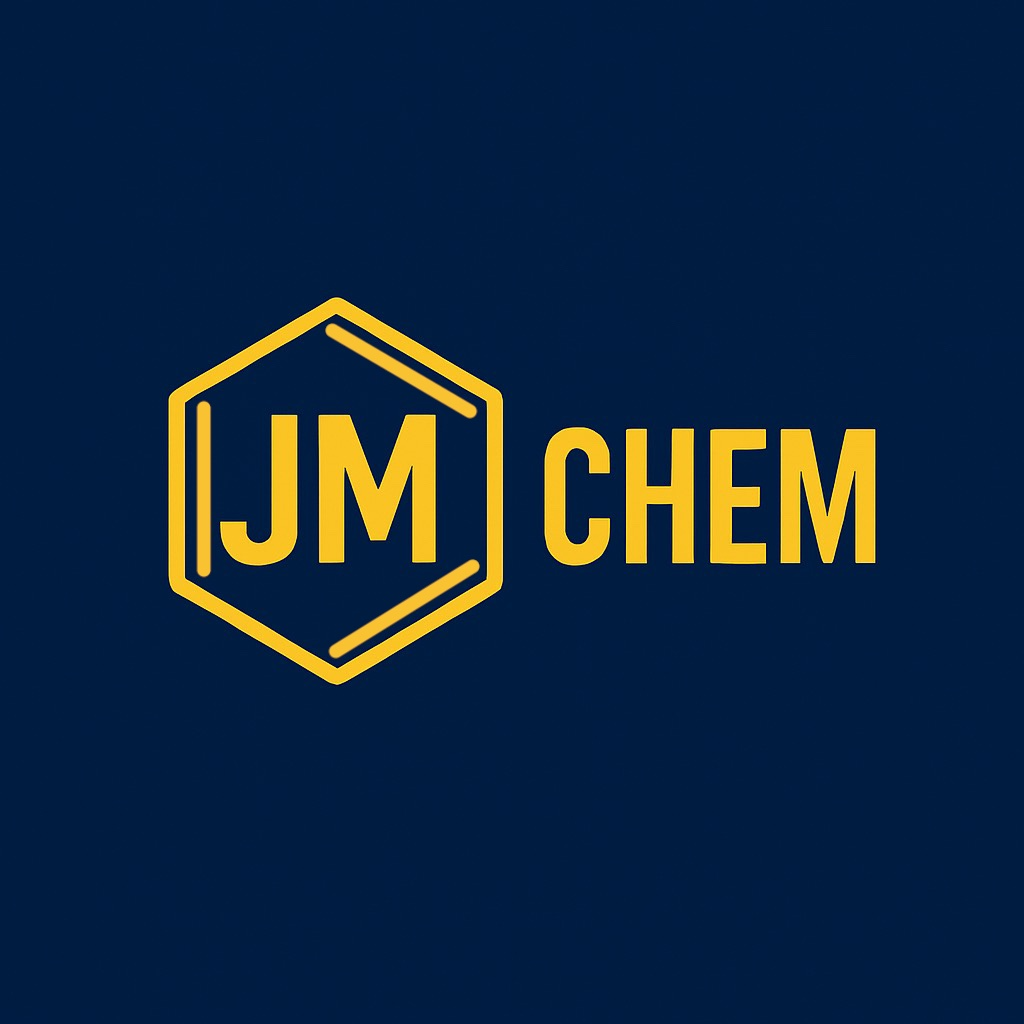 A dark blue background with a yellow hexagon outline and the heading JM Chem.