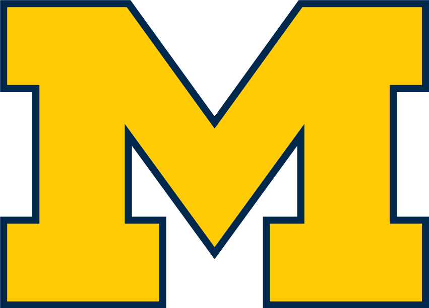 Large yellow letter Michigan block 'M' with navy blue outline on a black background.