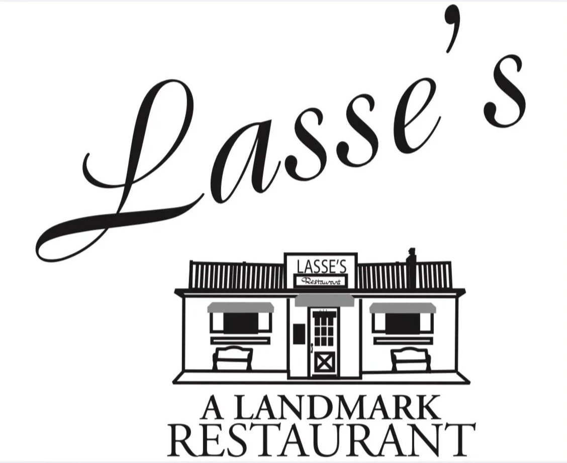 Logo for Lasse's, a landmark restaurant, featuring a building with two awnings and a sign that reads 'Lasse's Restaurant'