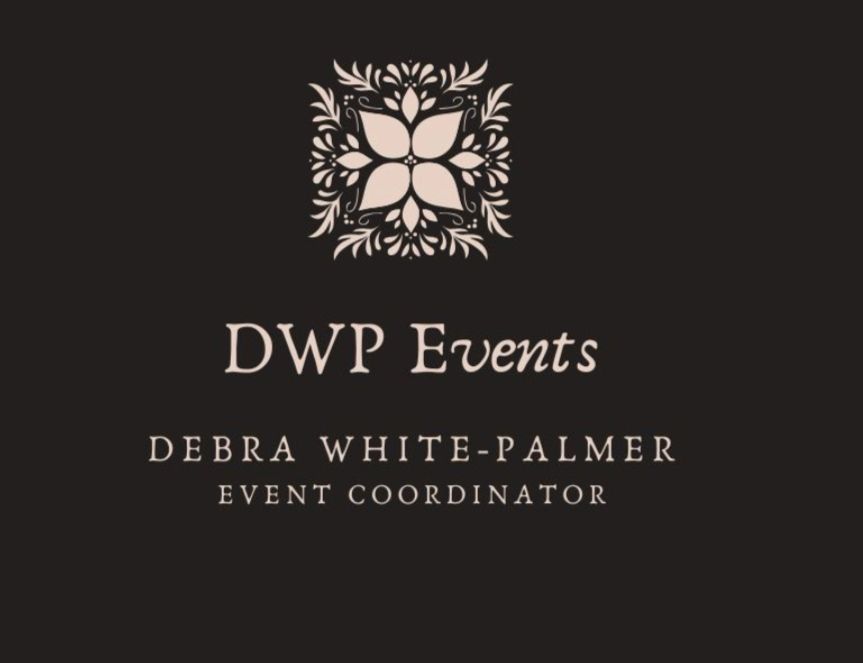 Business card for DWP Events, featuring a decorative floral design at the top, with name Debra White-Palmer and title Event Coordinator written below.