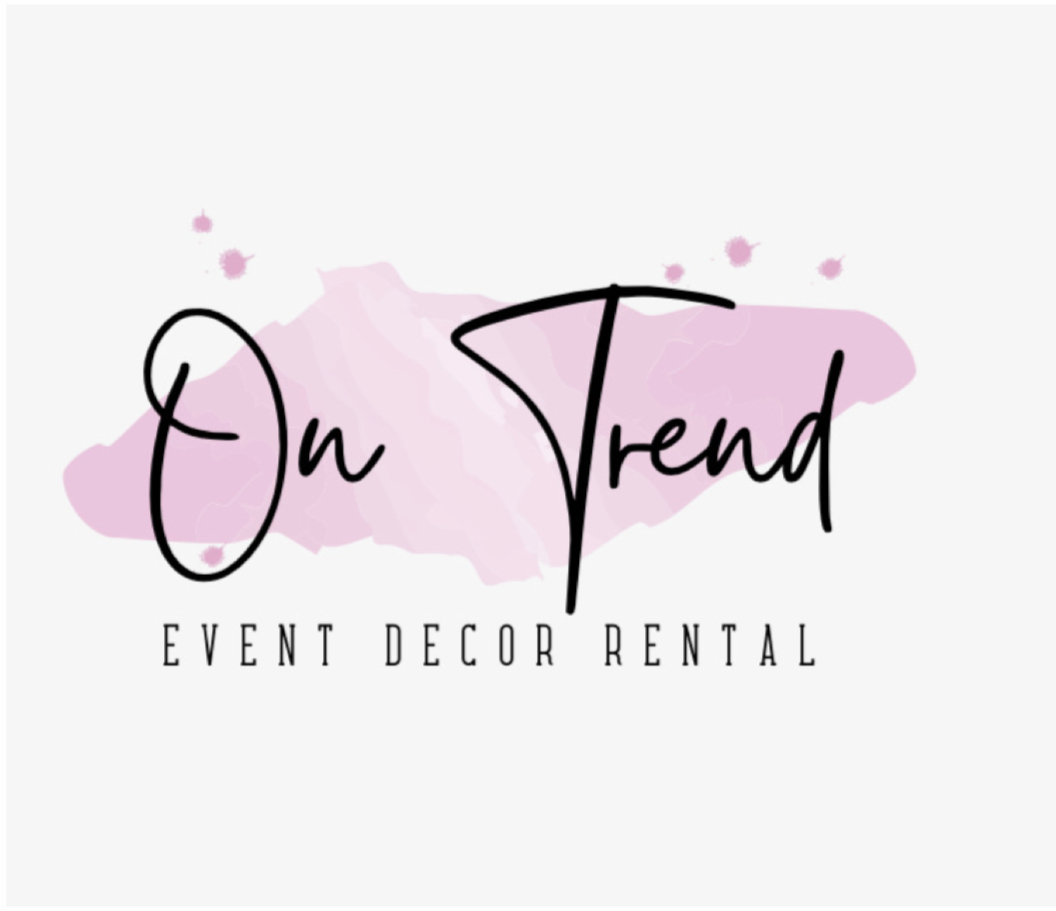 Logo for 'On Trend Event Decor Rental' with black cursive text over a pink watercolor splash.