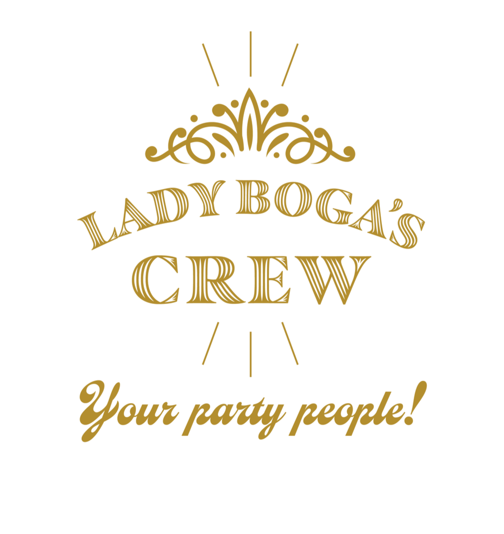 Gold decorative crown with radiating lines above the text 'LADY BOGA'S CREW' and the phrase 'Your party people!' below, all on a white background.