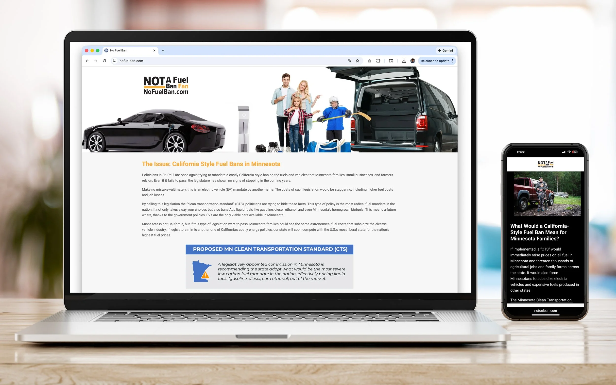 Laptop and smartphone displaying information about California-style fuel bans and clean transportation standards, with images of cars, families, and a vehicle.