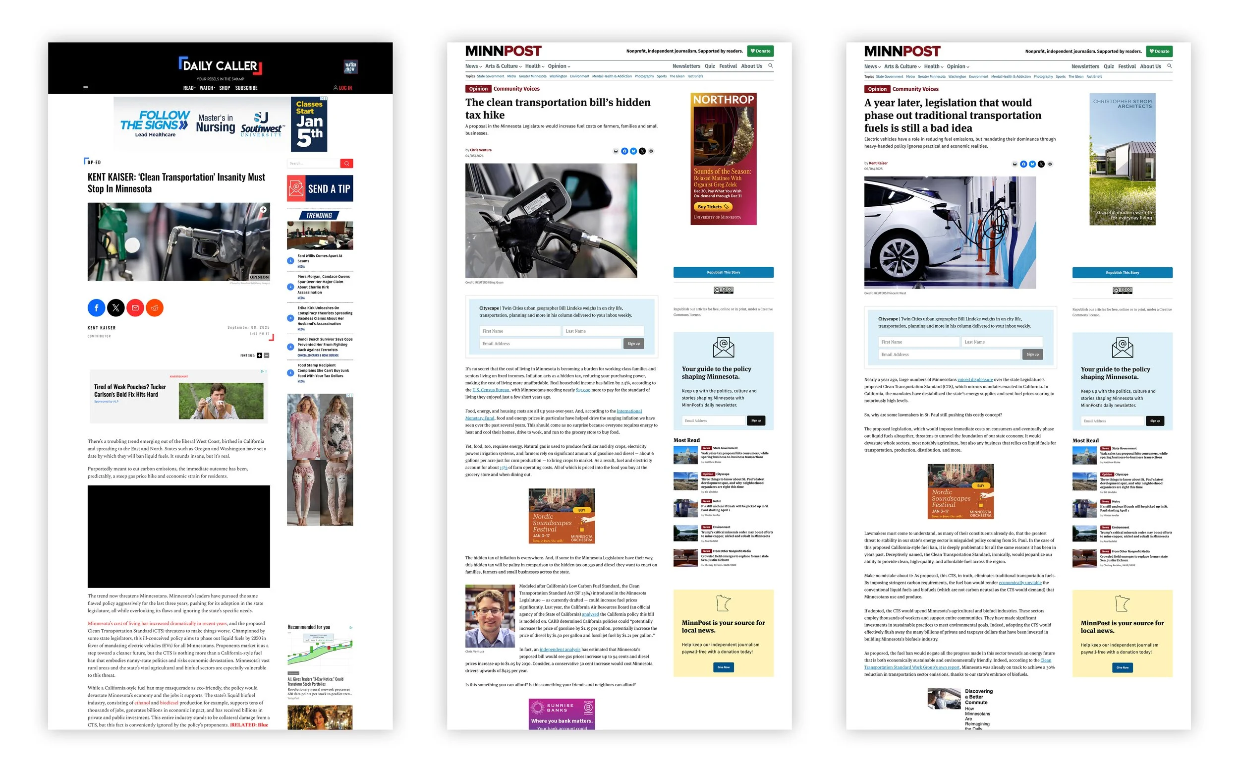 Screenshots of three different news articles from Minnesota-based websites, discussing transportation policies and issues, with accompanying images of fuel pumps, an electric car charging station, and a residential property.