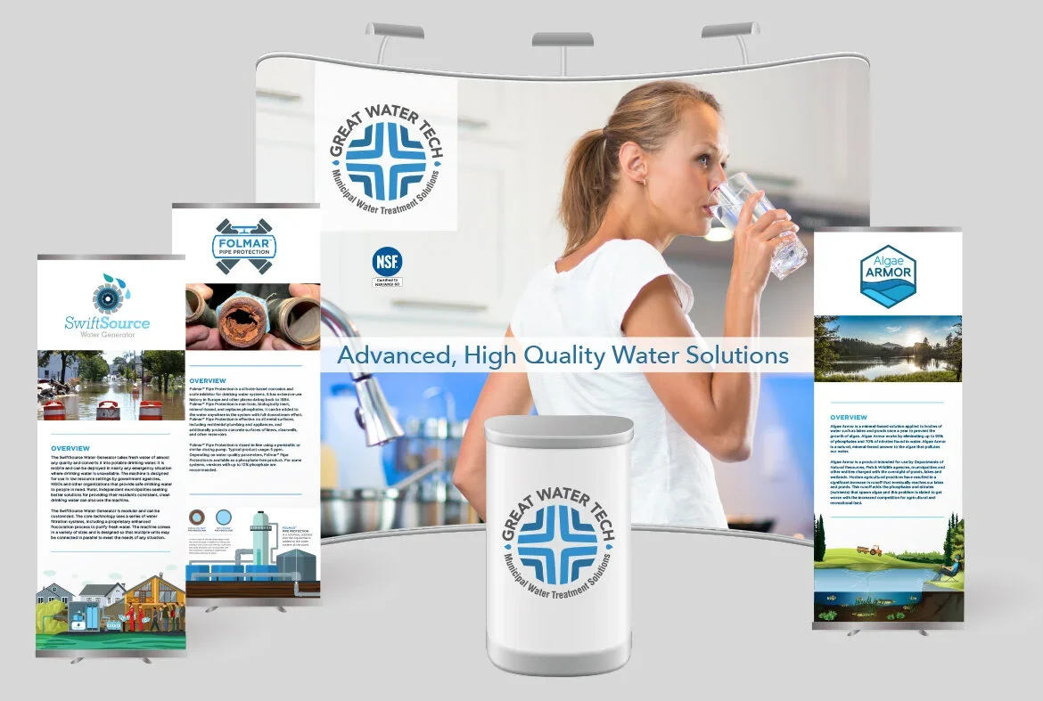 Trade show display with the logo of Great Water Tech and banners about water treatment solutions, featuring a woman drinking water and a water filter,
