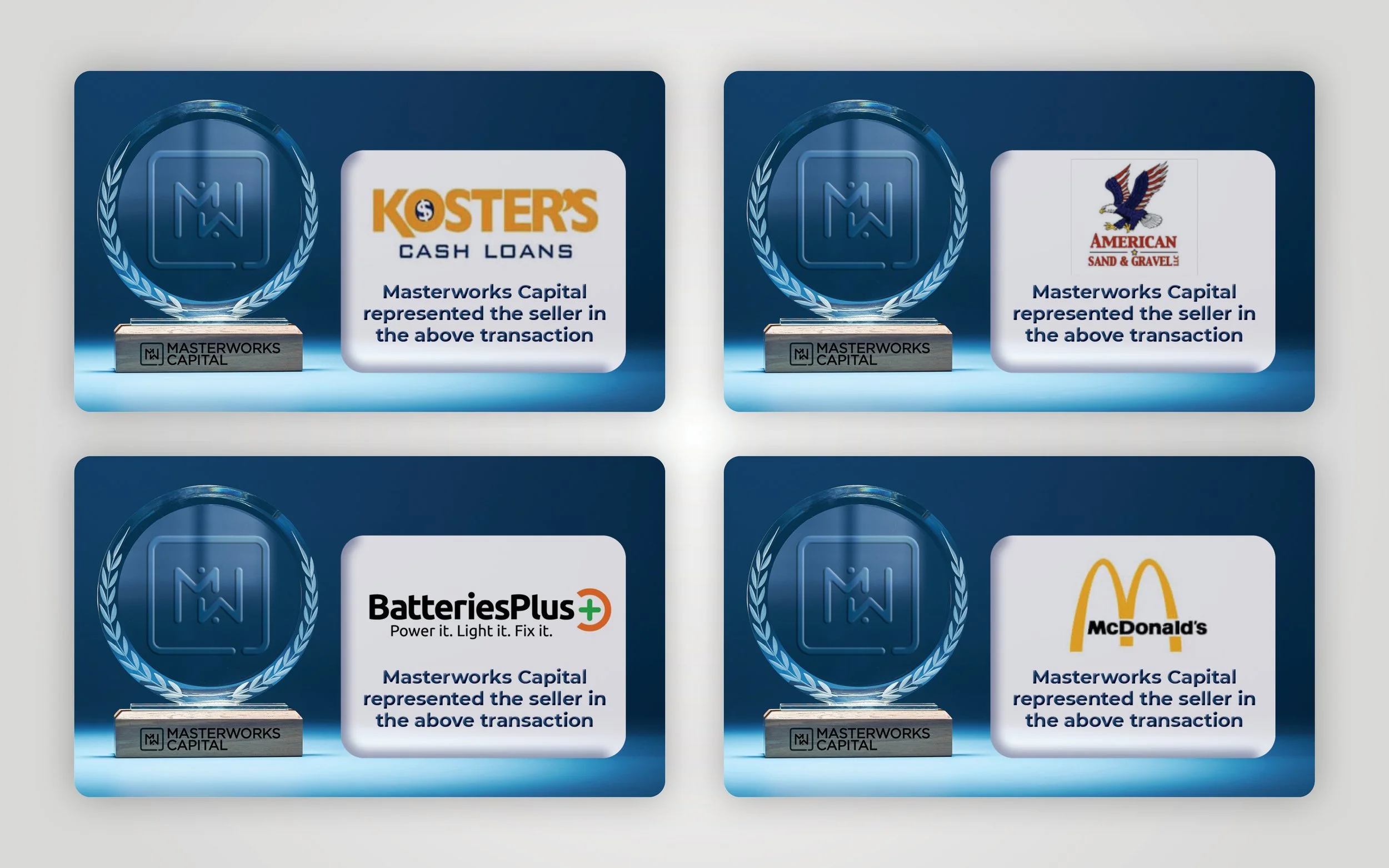 Four Masterworks Capital awards for various companies: Koster's Cash Loans, American Sand & Gravel, Batteries Plus, and McDonald's.