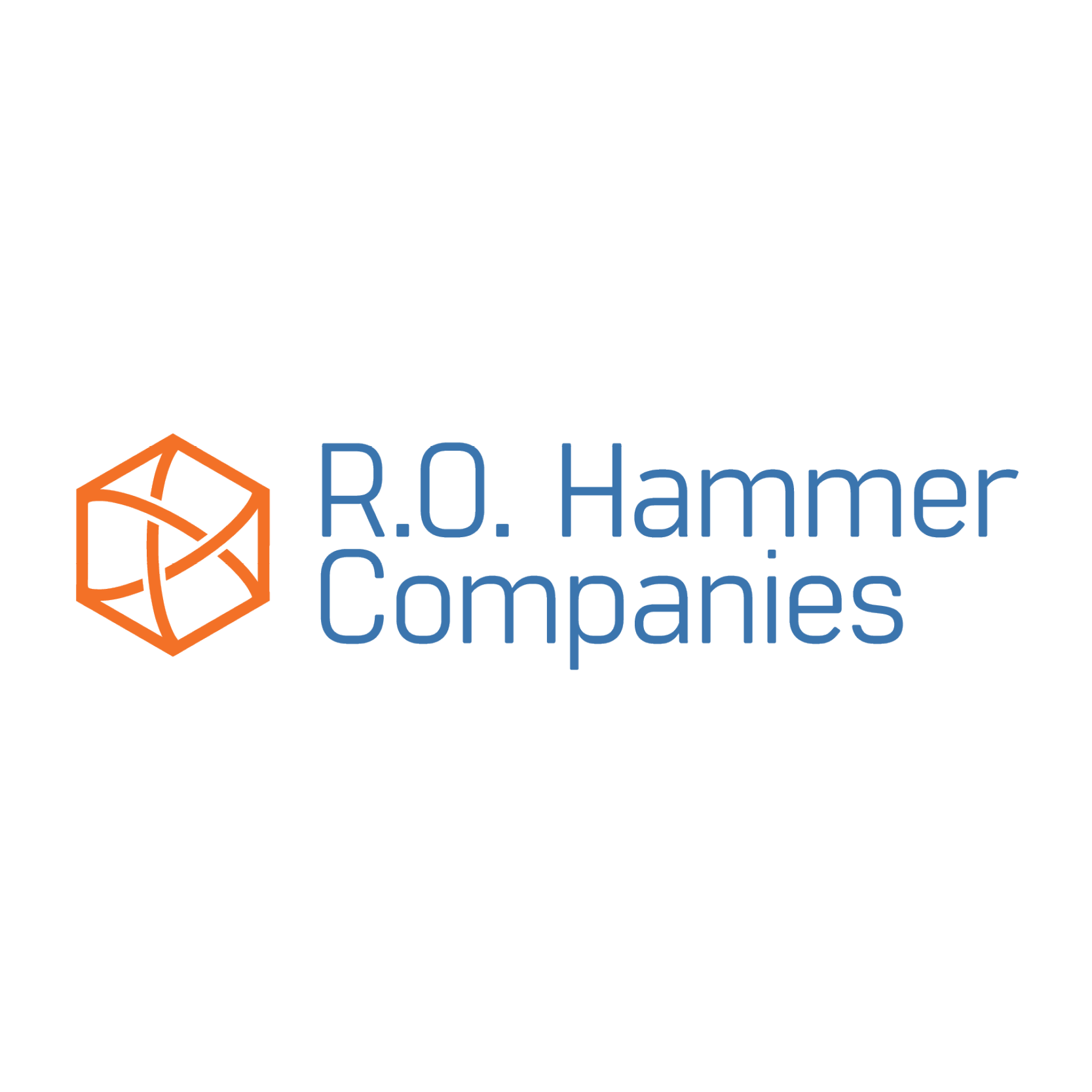 Logo of R.O. Hammer Companies with an orange geometric icon and blue text on a transparent background.