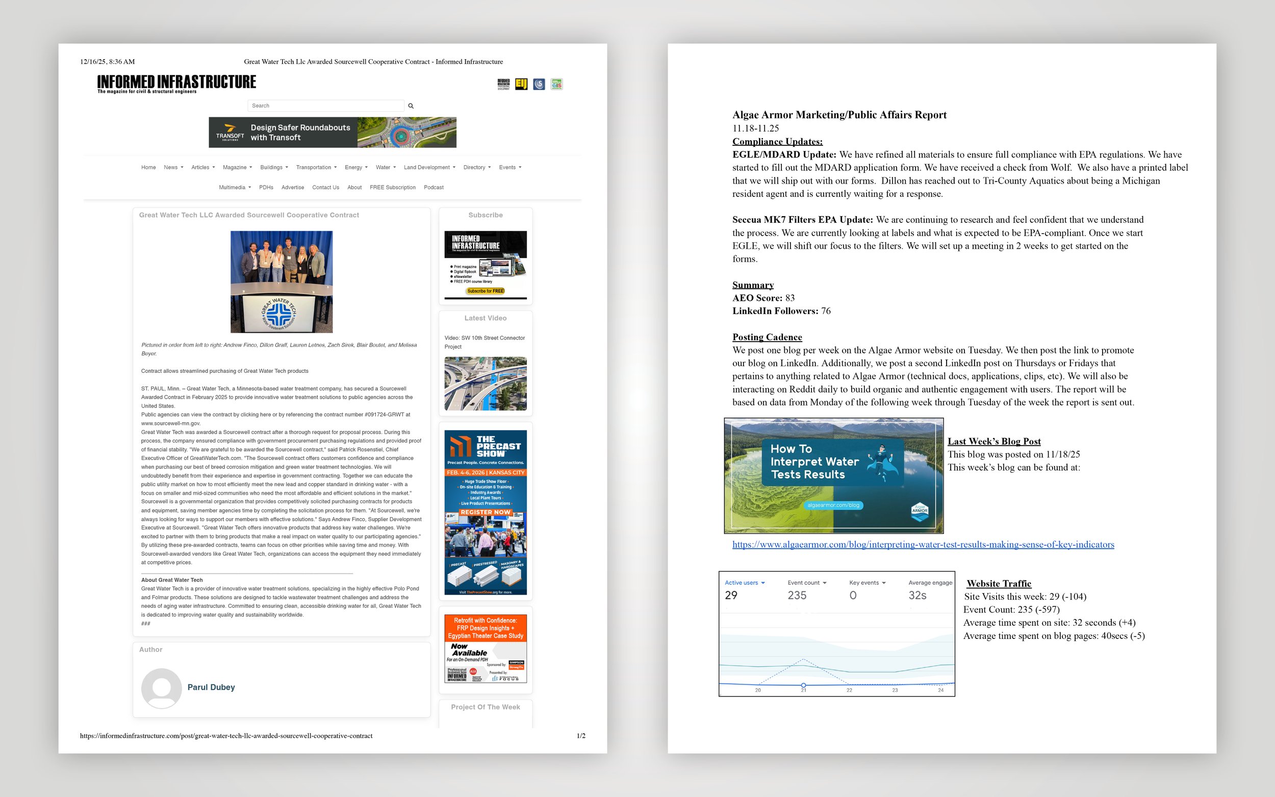A screenshot of a webpage titled 'Informed Infrastructure' with news about a water treatment contract. An article features a group photo of people holding a large check or certificate. Adjacent is a side panel with videos and ads. The subsequent page displays a detailed report titled 'Algae Armor Marketing/Public Affairs Report,' with sections on compliance updates, a summary, posting cadence, recent blog post, and website traffic statistics.
