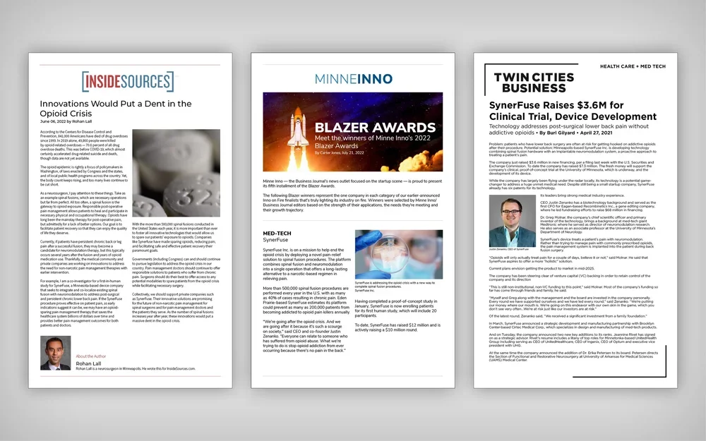 Three pages of magazine or brochure documents featuring articles on innovations, awards, and business news, including topics like healthcare tech, clinical trials, and startup funding.