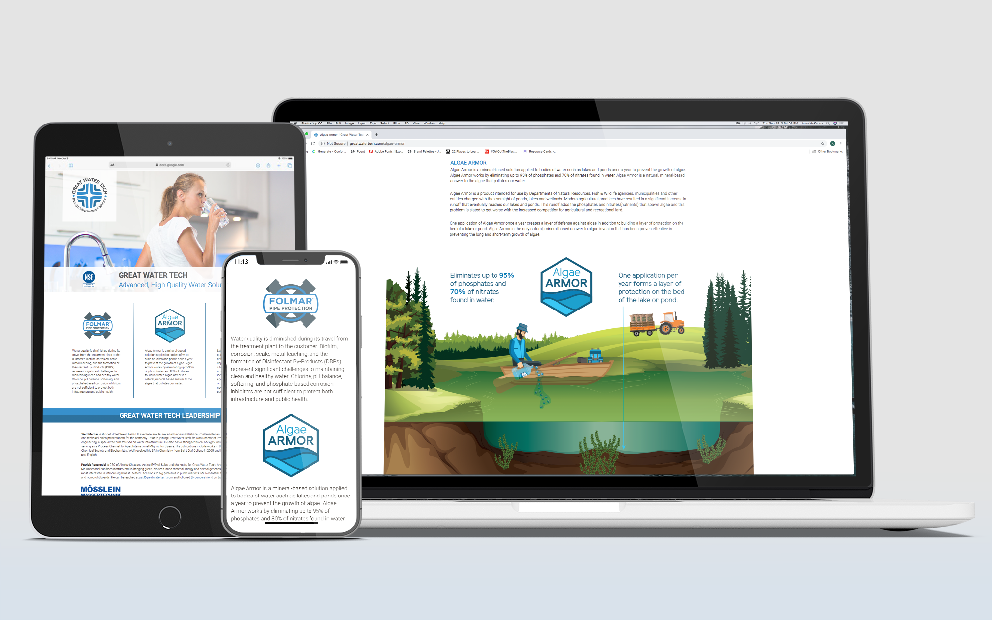 A laptop, tablet, and smartphone display informational content about water treatment and algae control solutions, with illustrations of lakes, trees, and a person fishing.