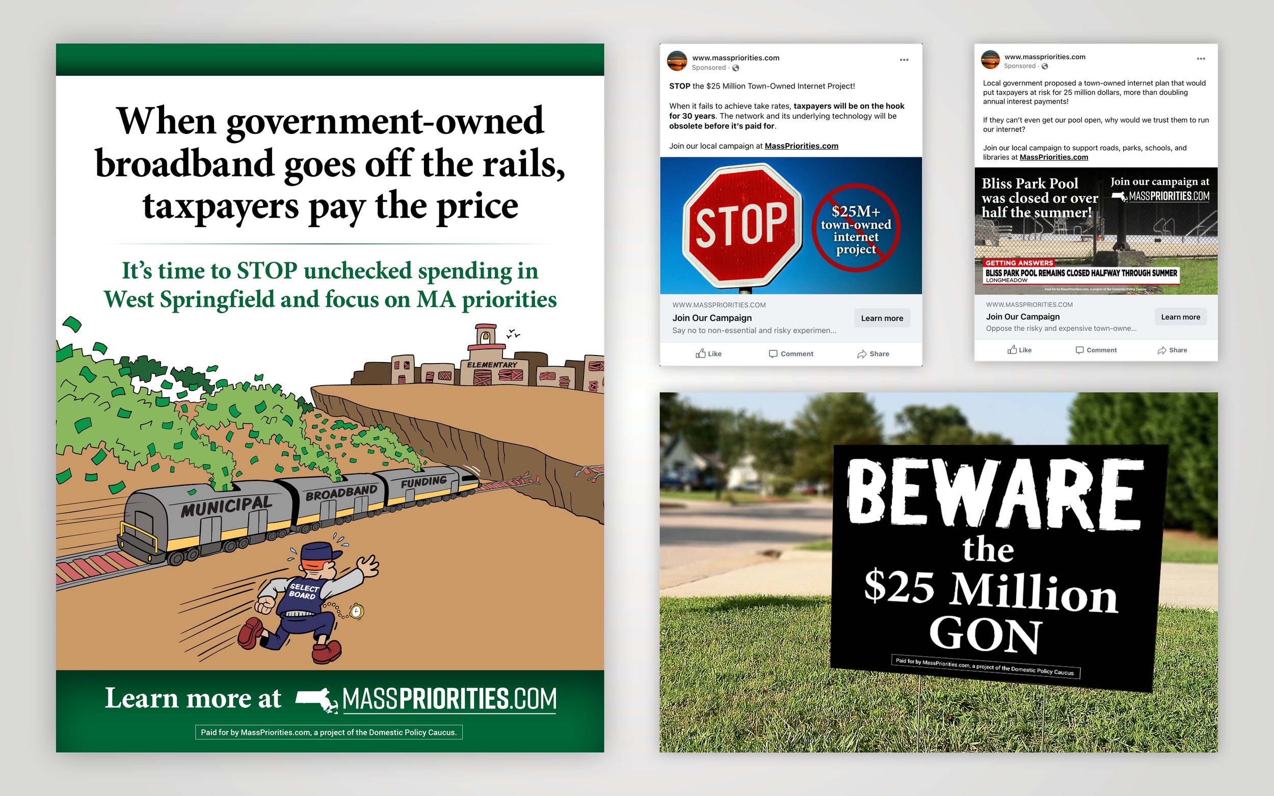 Collection of protest signs and social media posts criticizing government-funded broadband projects and local government spending, featuring slogans like "When government-owned broadband goes off the rails, taxpayers pay the price" and "Beware the $25 Million GON."