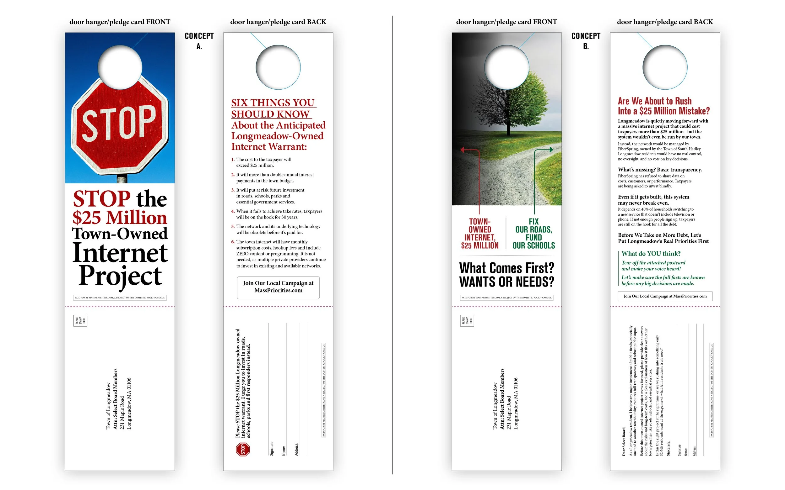Two postcards regarding a town internet project with contrasting messages; the first has a stop sign and promotes stopping a $25 million town-owned internet project, while the second discusses potential risks and priorities for funding roads and schools.