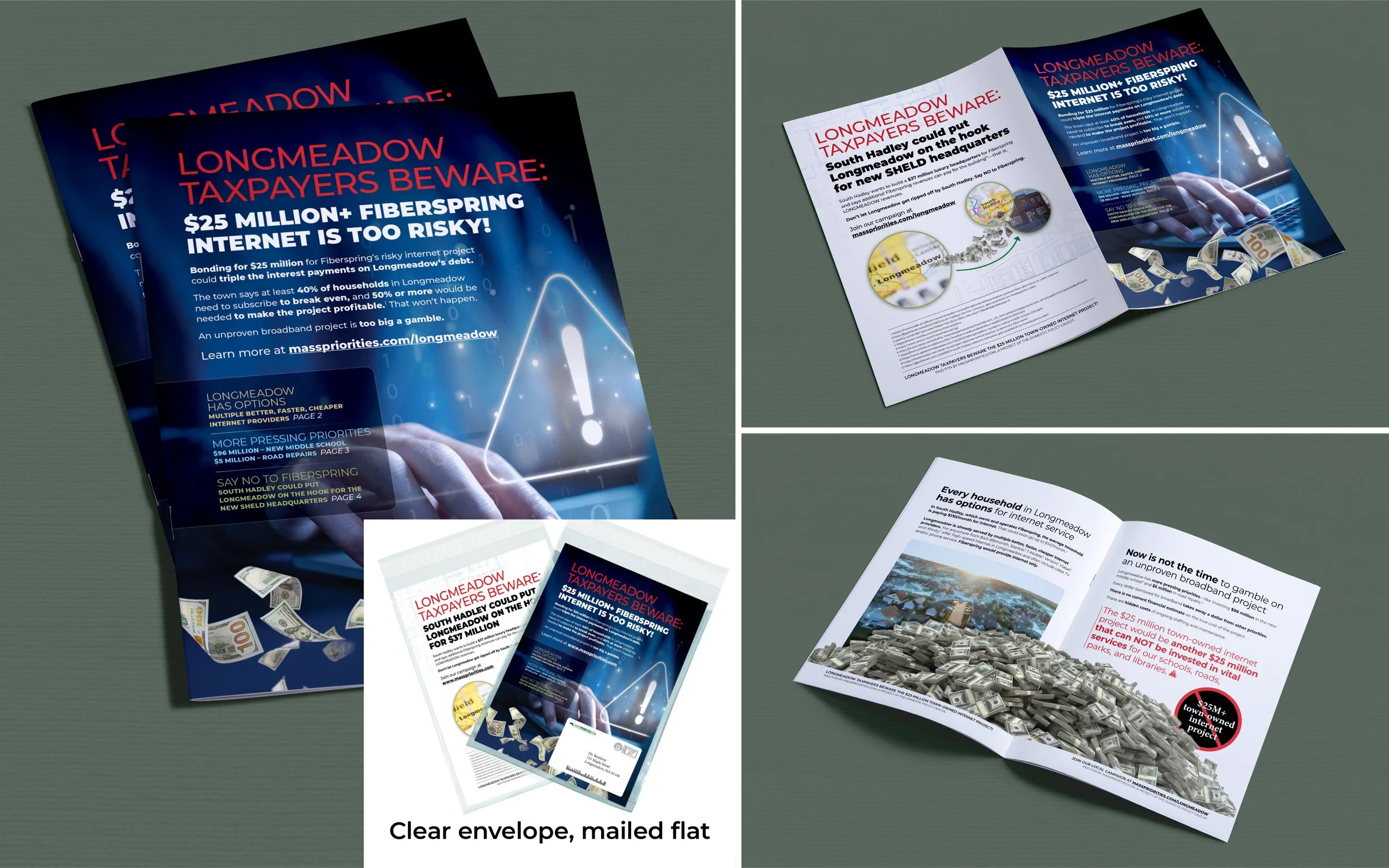 A flyer and brochure promoting awareness about the risks of high-cost fiber-spring internet projects in Longmeadow, highlighting that the $25 million internet project is too risky and urging residents to learn more at a specified website.