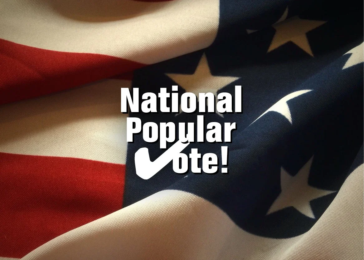 Close-up of an American flag with bold white text reading "National Popular Vote!" and a checkmark icon.