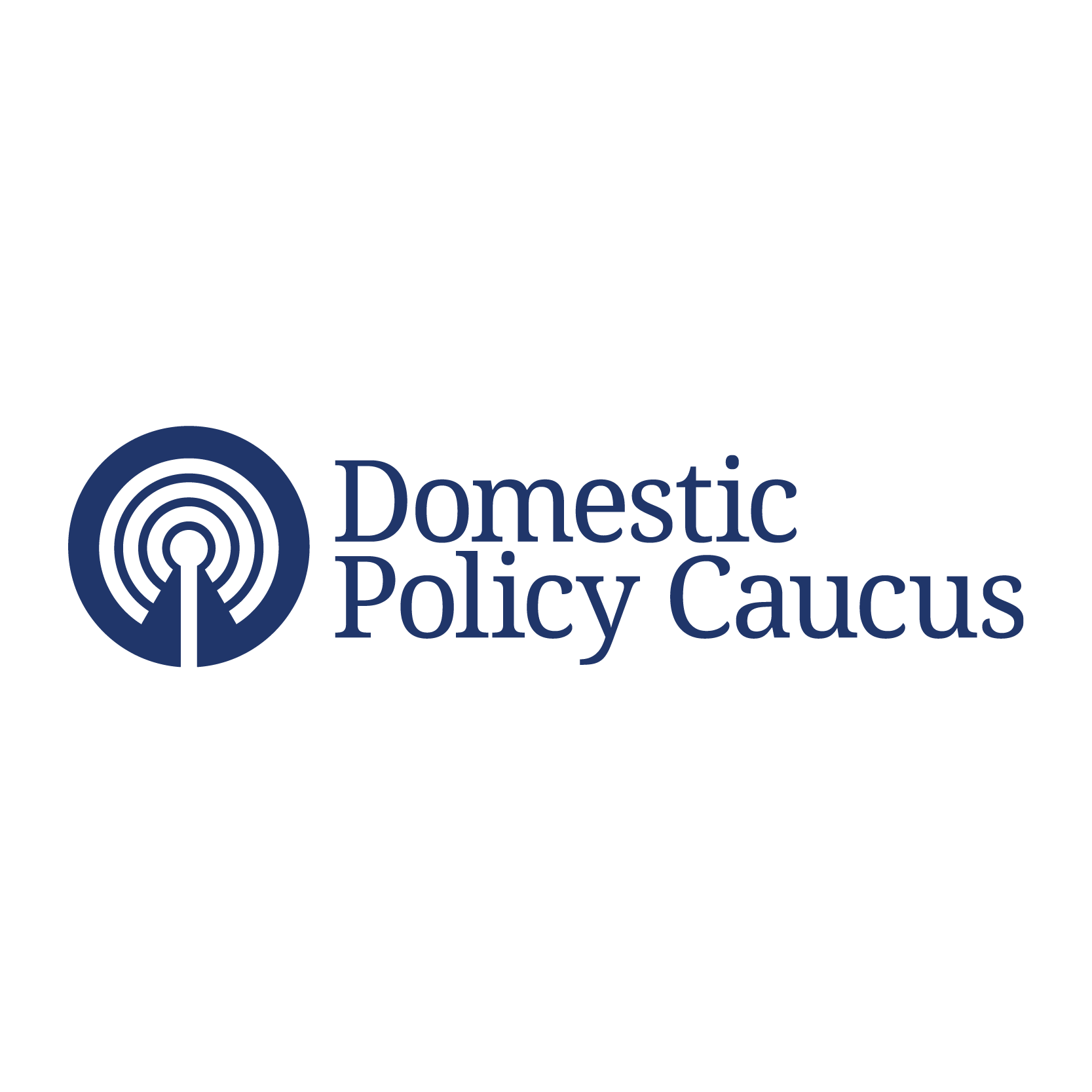 Logo of the Domestic Policy Caucus with a navy blue emblem resembling radio waves and a graph icon, and the organization's name in blue text.