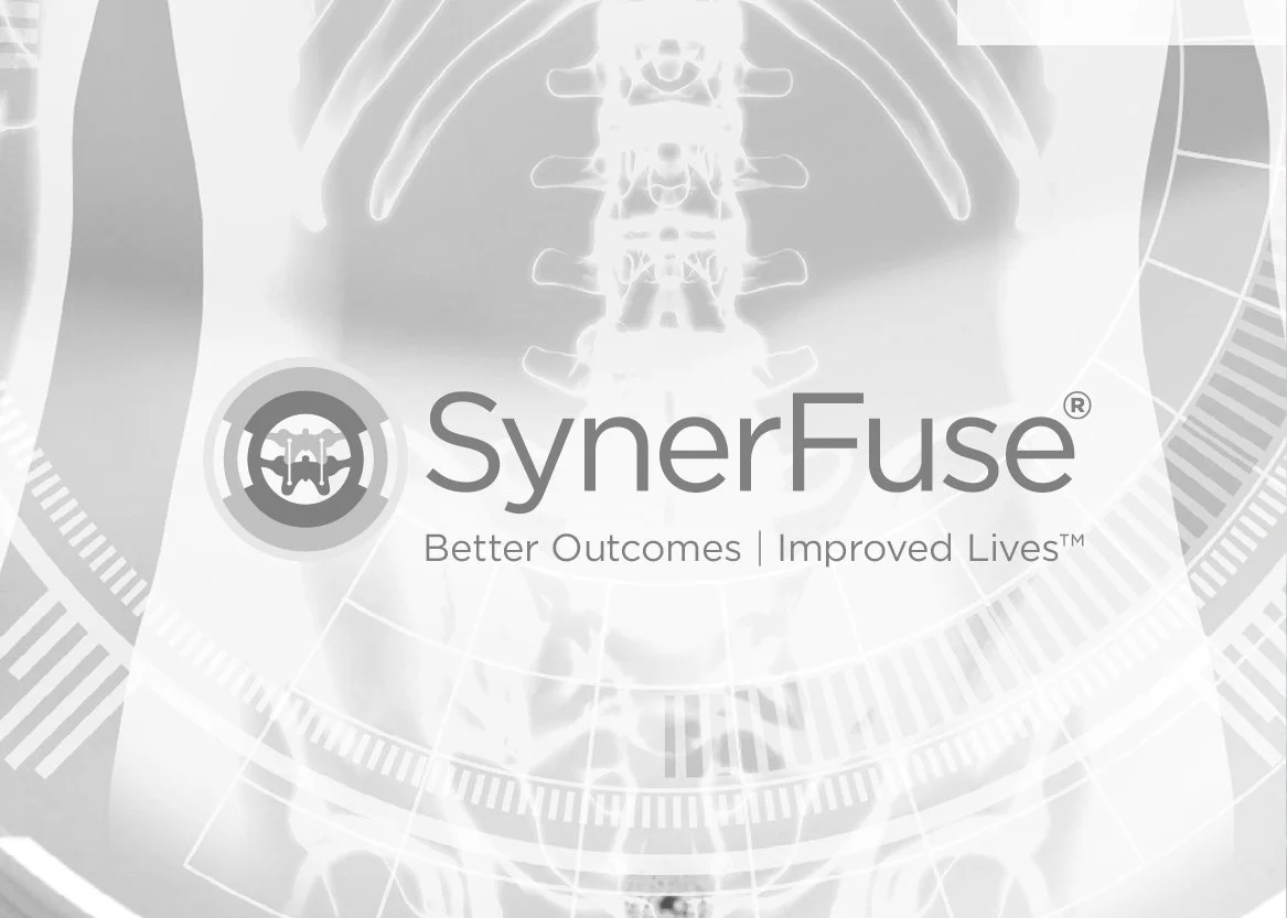 SynerFuse logo with tagline 'Better Outcomes | Improved Lives' over a background of a medical imaging scan of a spine.