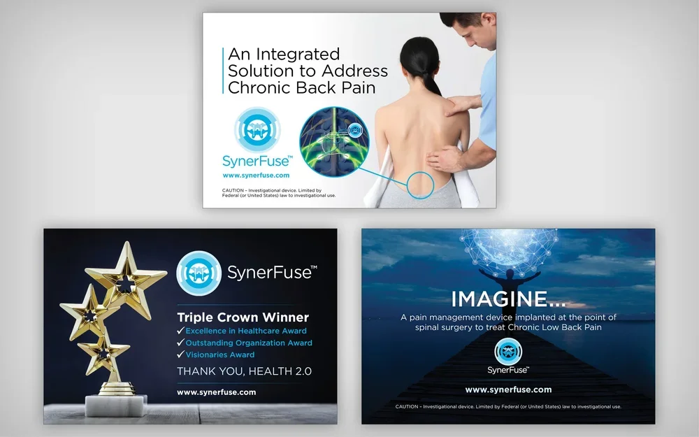 Three promotional slides for SynerFuse product, featuring a healthcare professional examining a woman's back, awards for the company, and a conceptual image of solving chronic back pain.