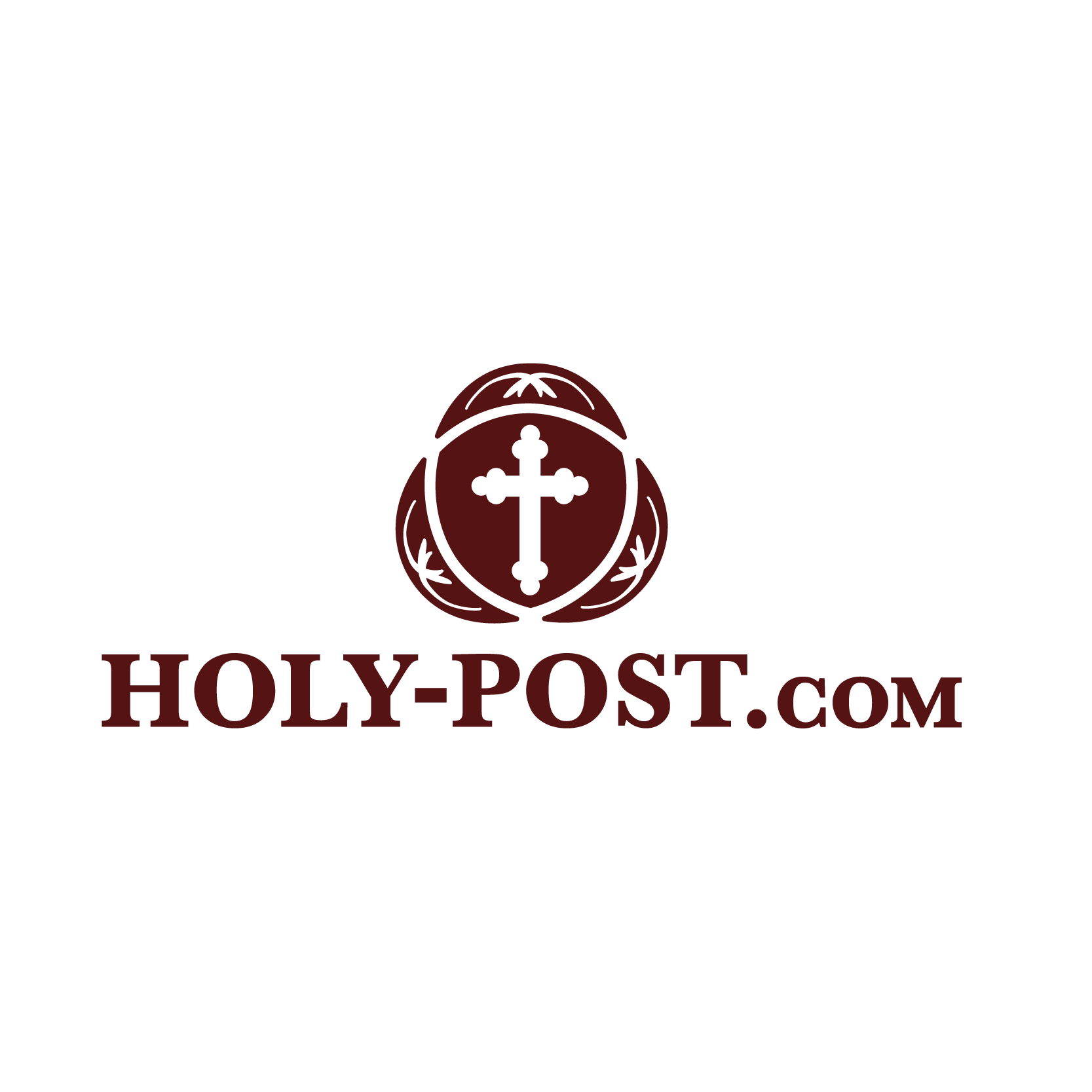 Logo with a cross and decorative elements above the text 'HOLY-POST.com' in dark red color.