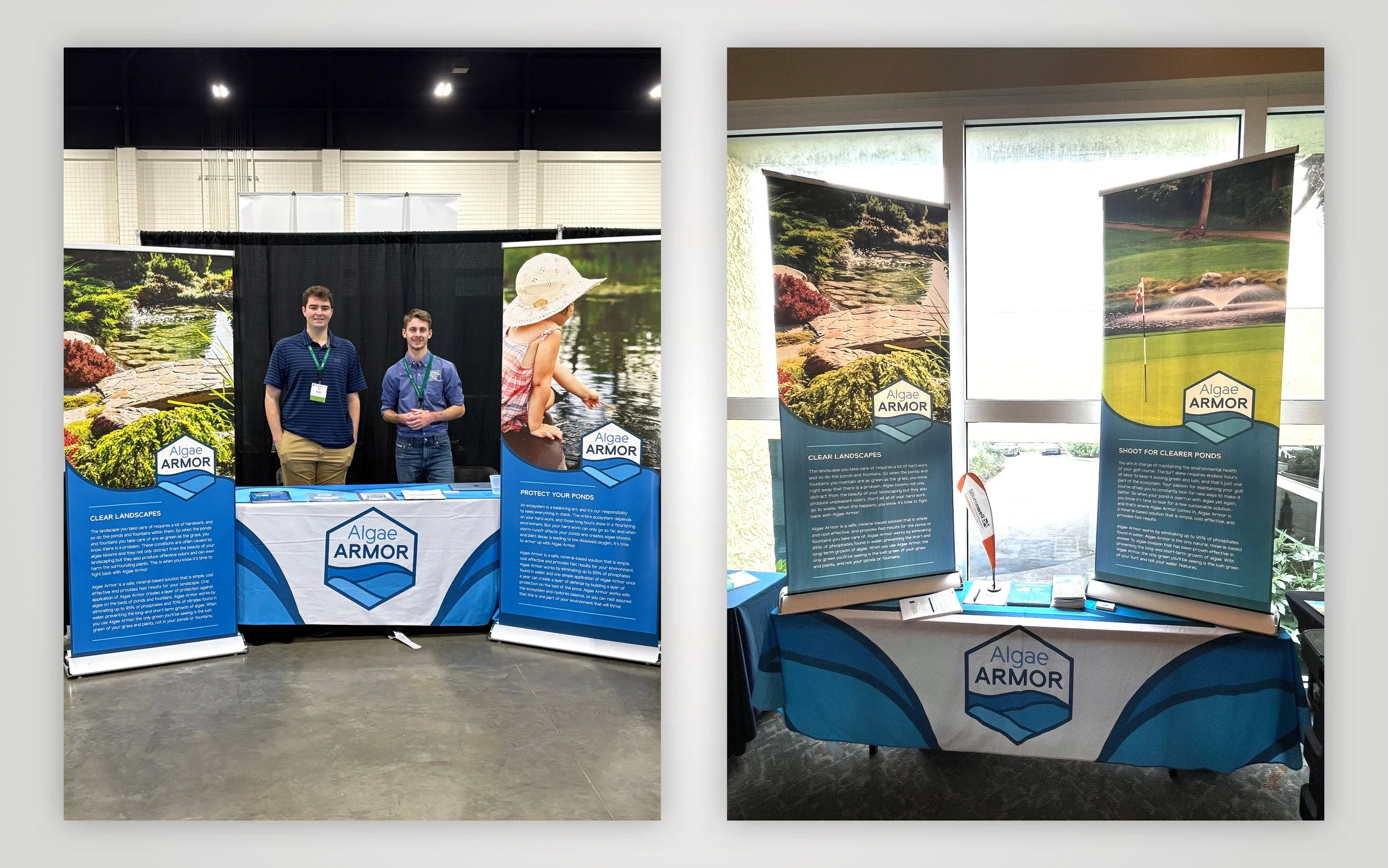 Trade show booth for Algae Armor with promotional banners showcasing pond and landscape protection products, featuring two men in blue shirts standing behind a table with a promotional cloth, and a display with another banner and informational materials on a table.