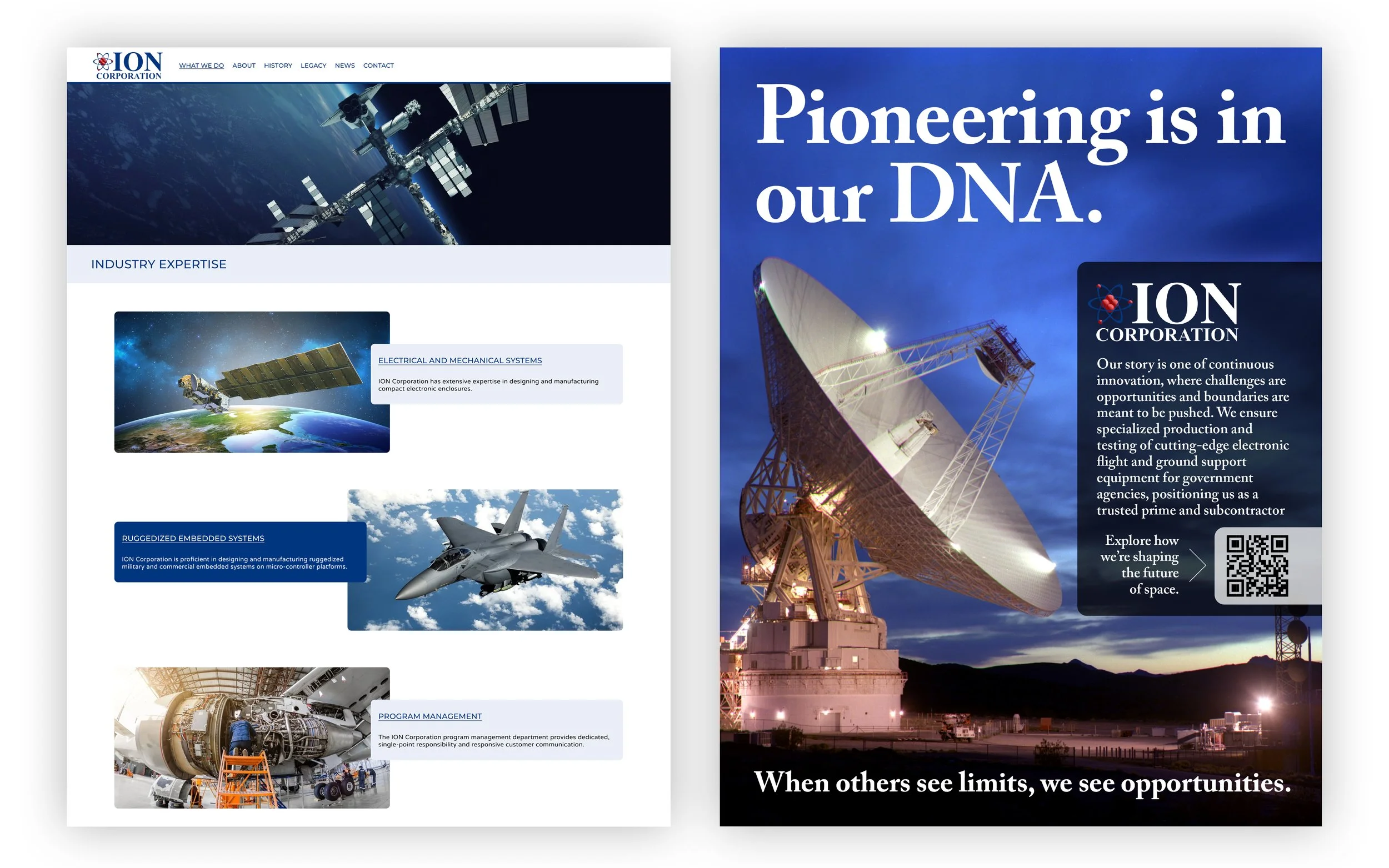 A split view of a webpage and a satellite dish: the left side shows a webpage with images of space, a satellite, a fighter jet, and machinery, with text about ION Corporation's expertise in engineering; the right side features a large satellite dish under a blue sky with sunset hues, with the headline "Pioneering is in our DNA" and the tagline "When others see limits, we see opportunities."