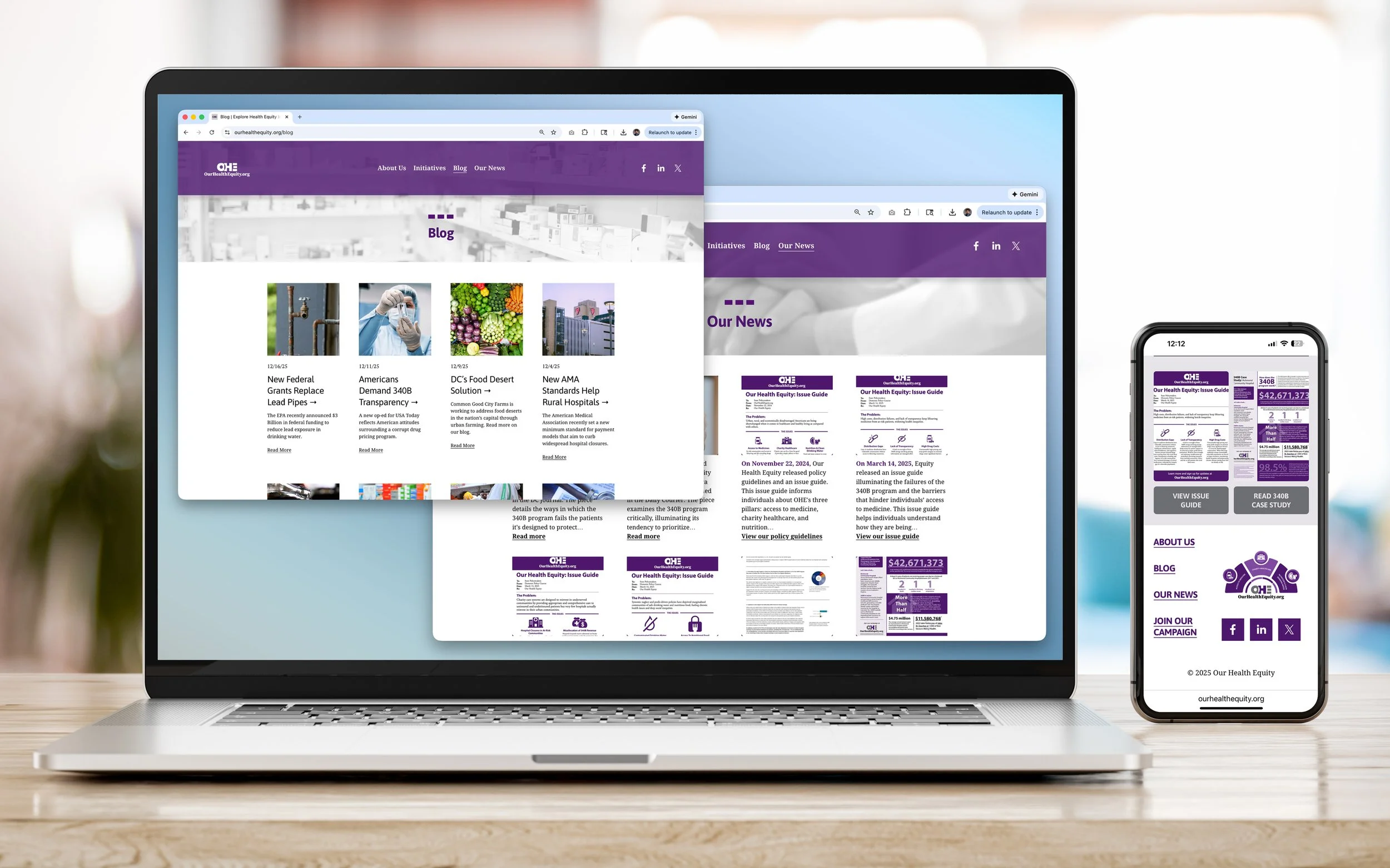 Open laptop and smartphone displaying a website with a purple theme, related to health equity, with news articles, guides, and campaign information.