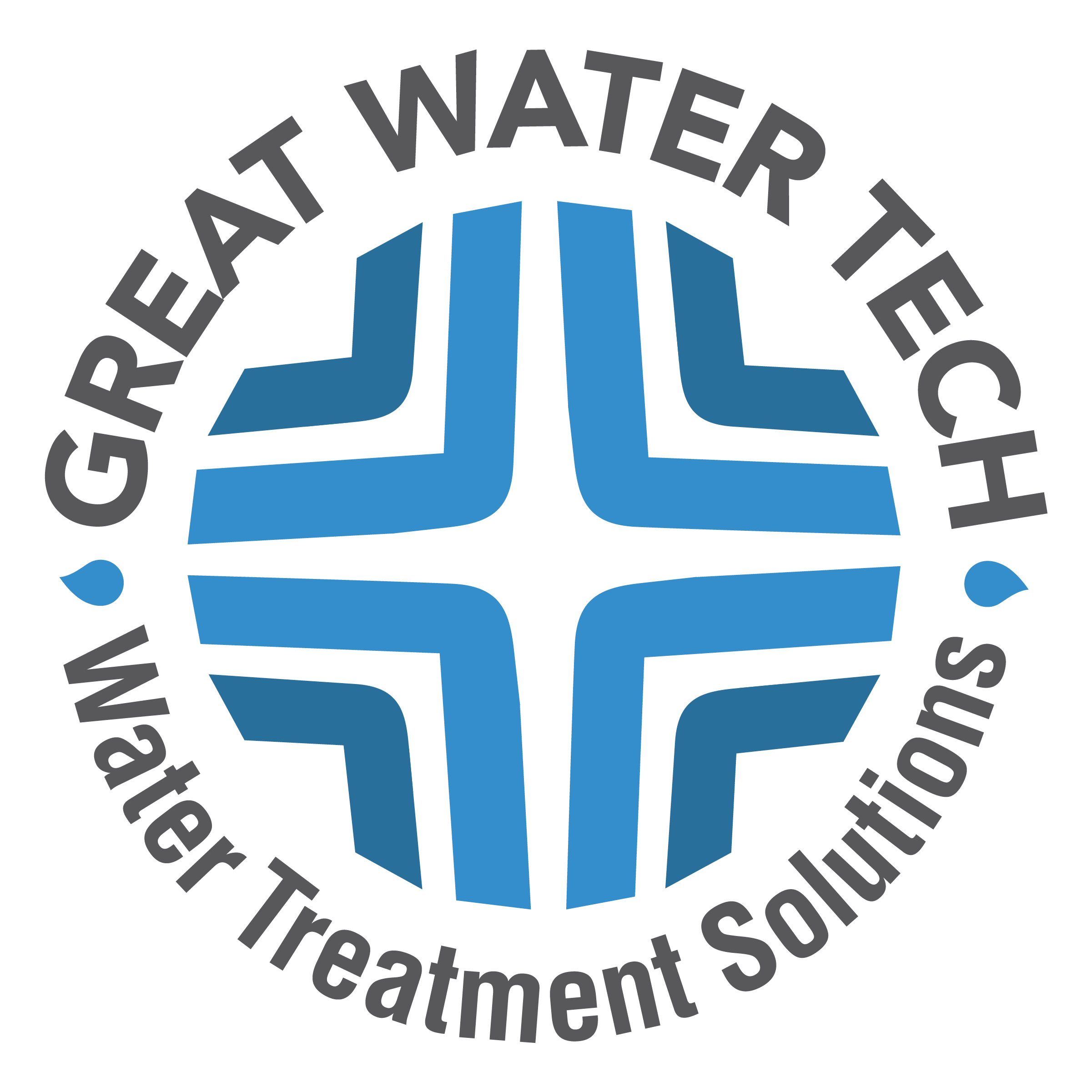 Logo for Great Water Tech, Water Treatment Solutions, featuring a blue geometric water drop in the center and circular text around it.