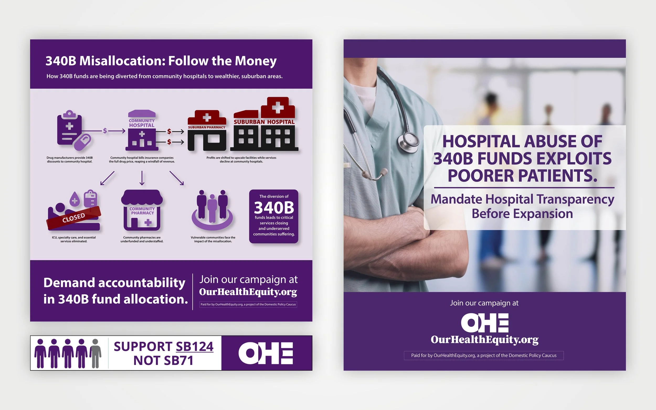 Two pamphlets: the left pamphlet criticizes the misallocation of 340 billion dollars from community hospitals to wealthier areas, highlighting the closure of community hospitals, the undervaluing of community pharmacies, and the suffering of vulnerable communities, with a call to join the campaign at OurHealthEquity.org; the right pamphlet advocates for transparency in hospital funding and criticizes the misuse of funds, urging support for a legislative bill, SB124, over SB71, and encourages joining the campaign at OurHealthEquity.org.
