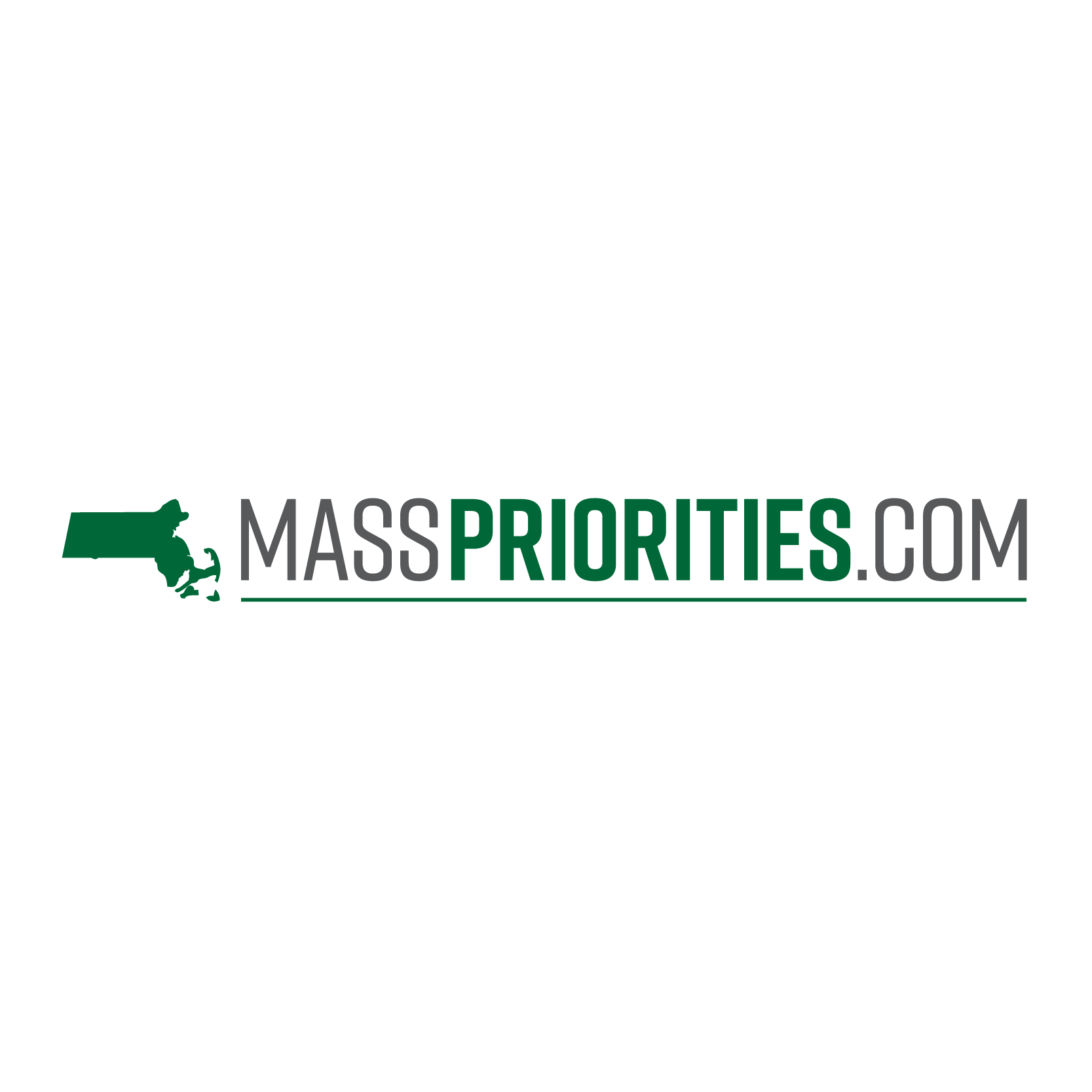 Logo for Mass Priorities featuring a green silhouette of Massachusetts and the website name in black and gray text with a green underline.