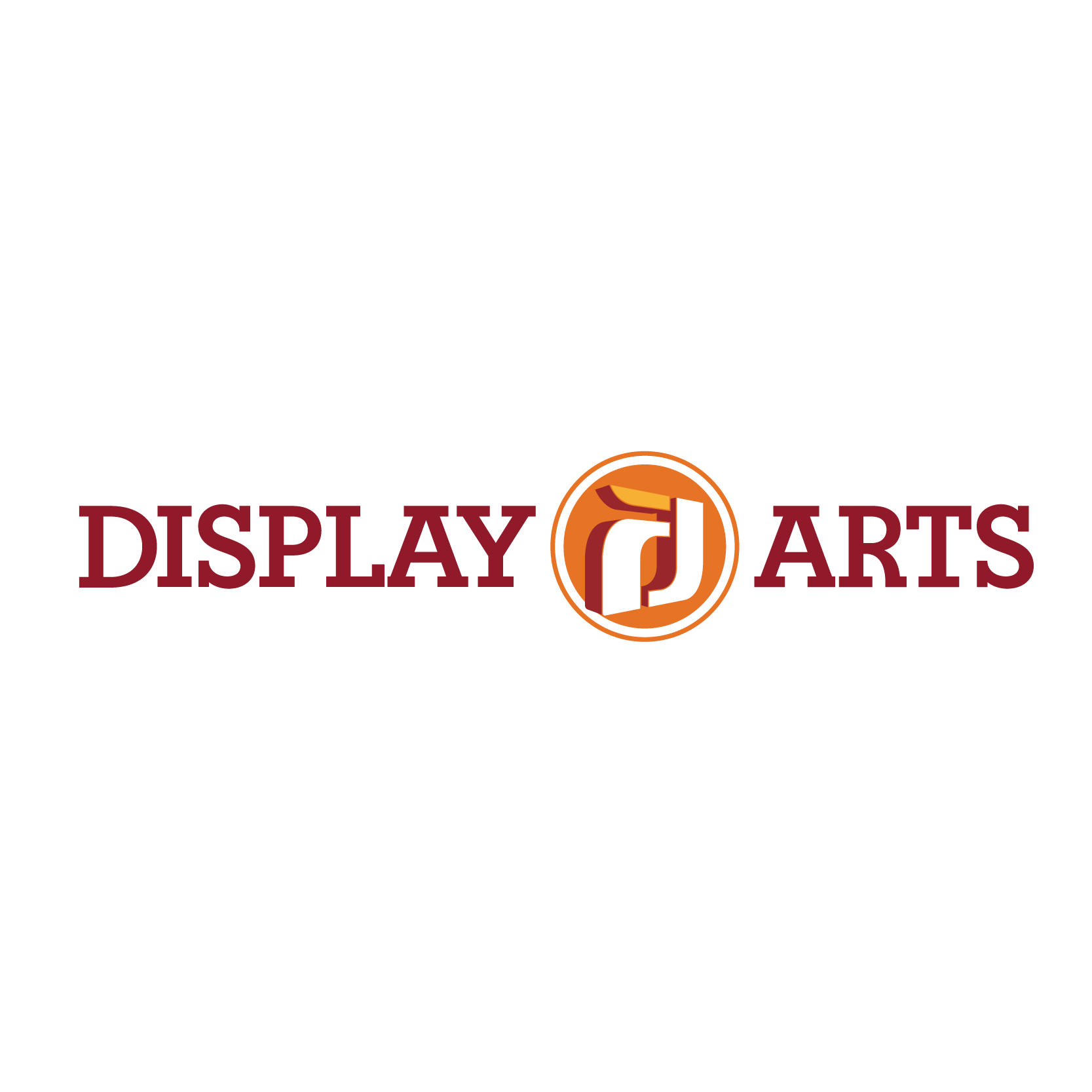 Display Arts logo with the words 'DISPLAY ARTS' in maroon text and a circular emblem in the center featuring abstract design elements in orange, white, and maroon.
