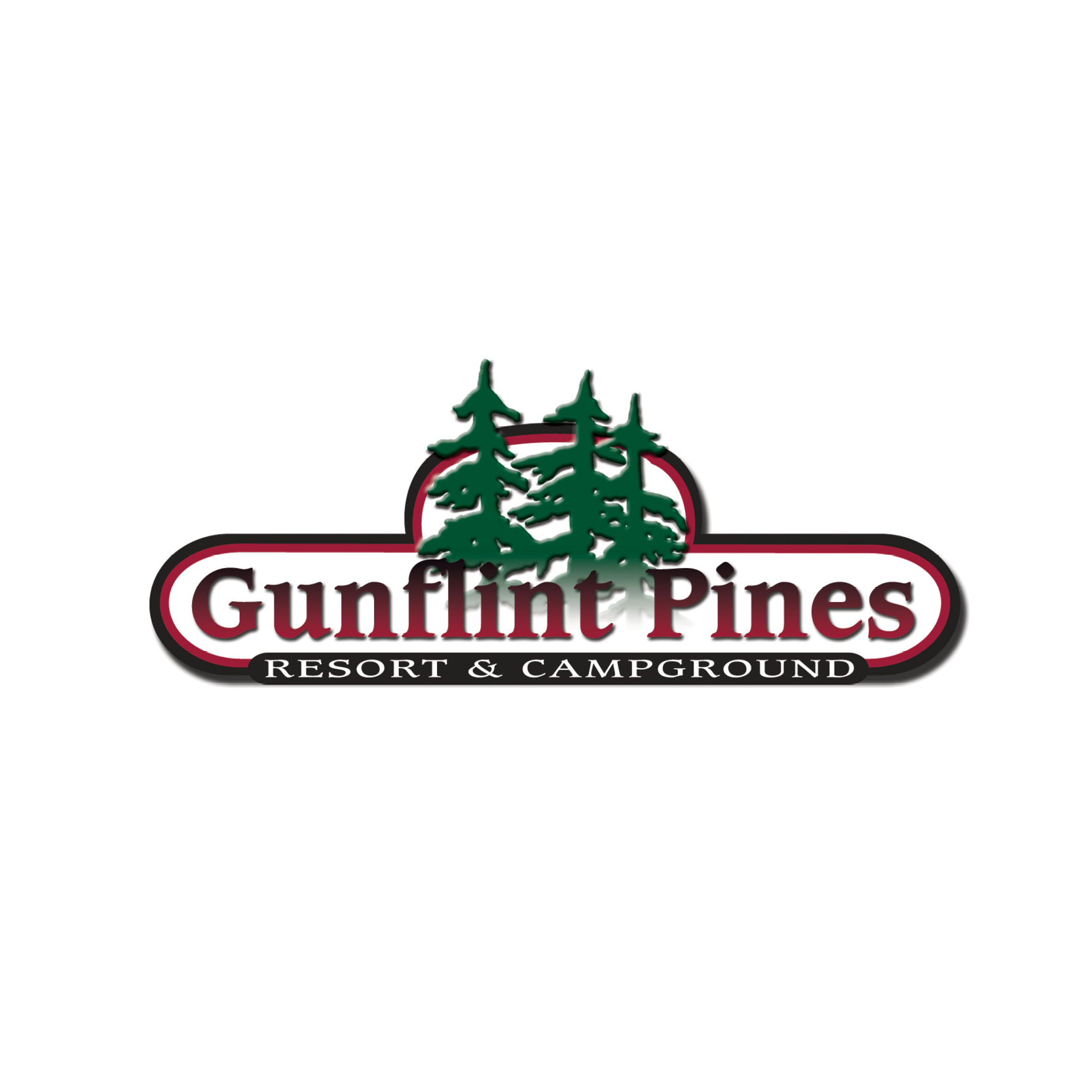 Logo for Gunflint Pines Resort & Campground with green pine trees and red and black text.