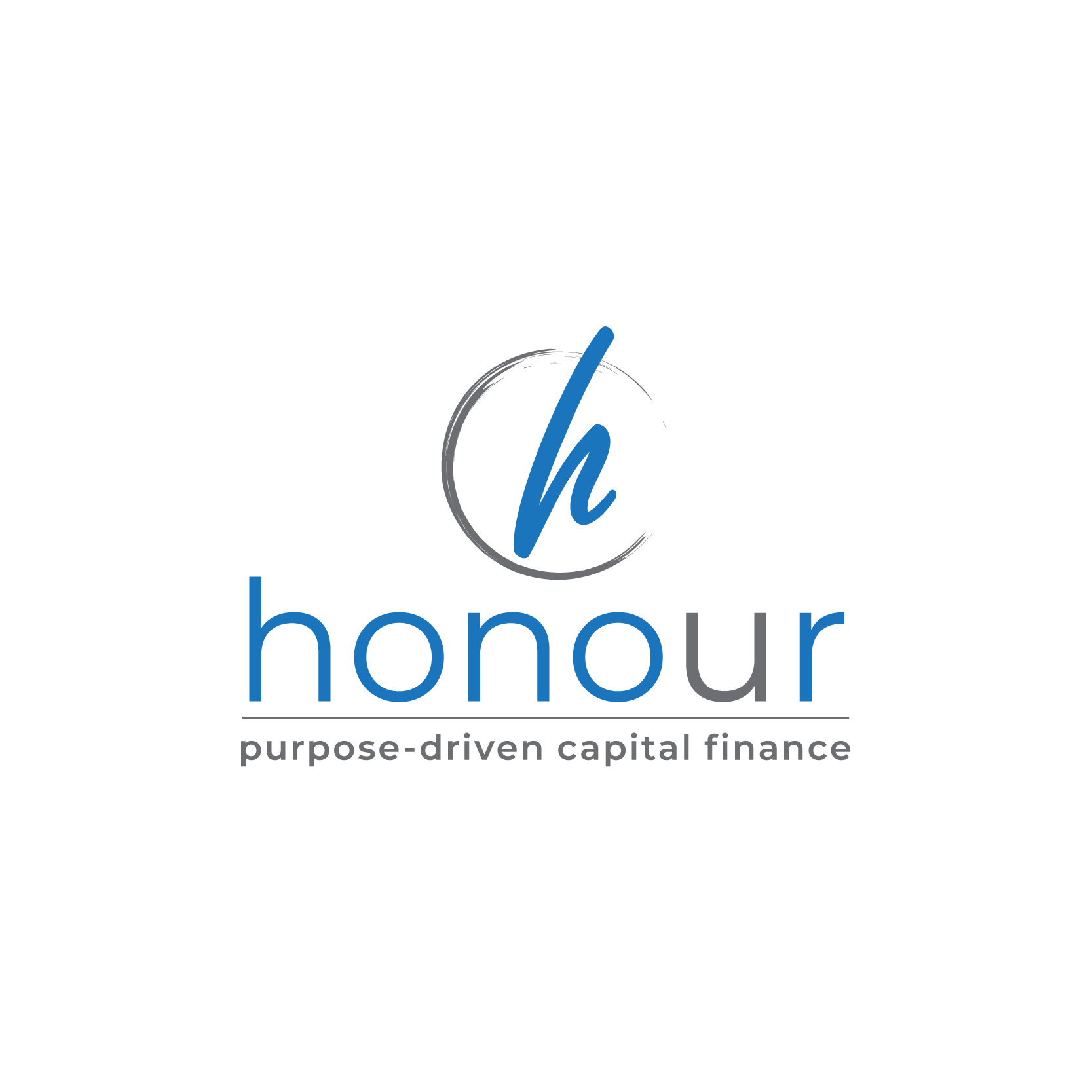 Logo for Honour with the tagline 'purpose-driven capital finance' featuring a black background, a stylized blue lowercase 'h' inside a gray circle, and the word 'honour' in blue lowercase letters.