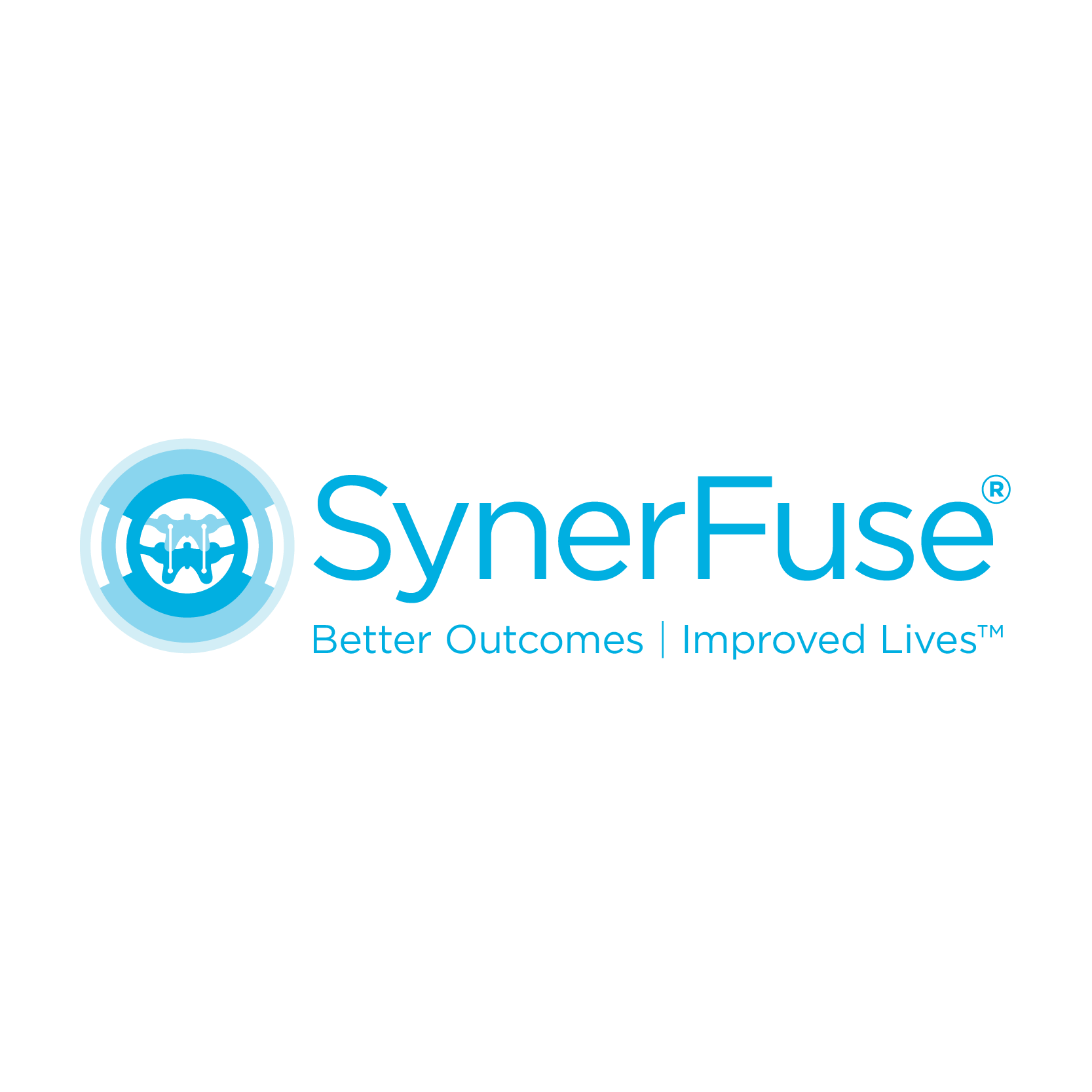 SynerFuse logo with circular emblem on the left featuring a symmetrical design and blue gradients; the company name 'SynerFuse' in blue text; tagline 'Better Outcomes | Improved Lives' beneath in smaller blue font.