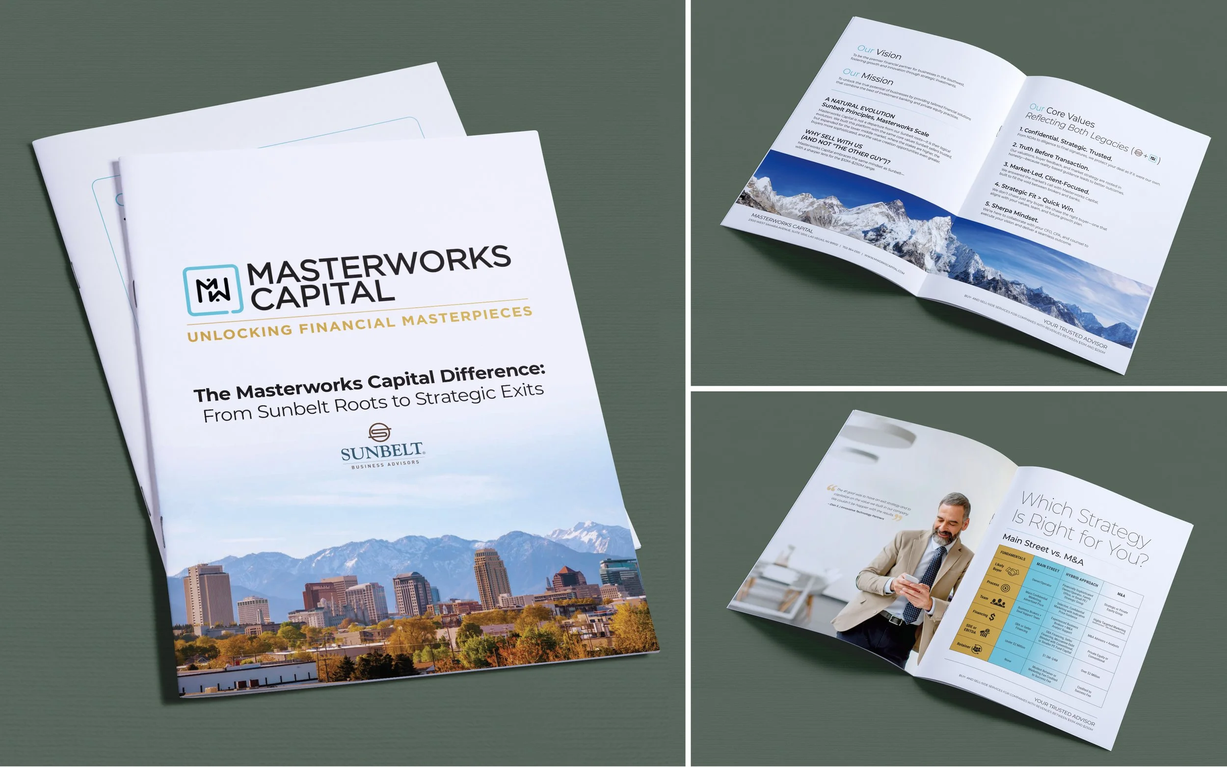 Book titled 'Masterworks Capital' with a mountain cityscape on the cover, opened pamphlets displaying charts, images of mountains, and a businessman using a smartphone.