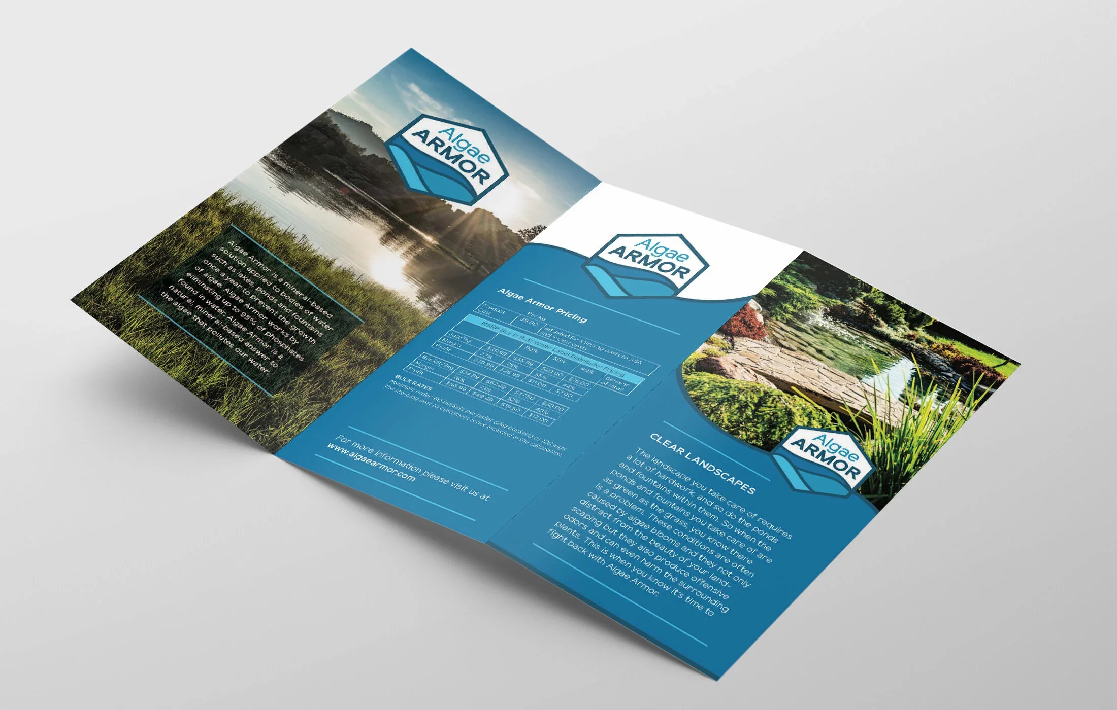 Brochure for Algae Armor, featuring a pond and greenery on the cover and information about algae armor products, prices, and landscape tips inside.