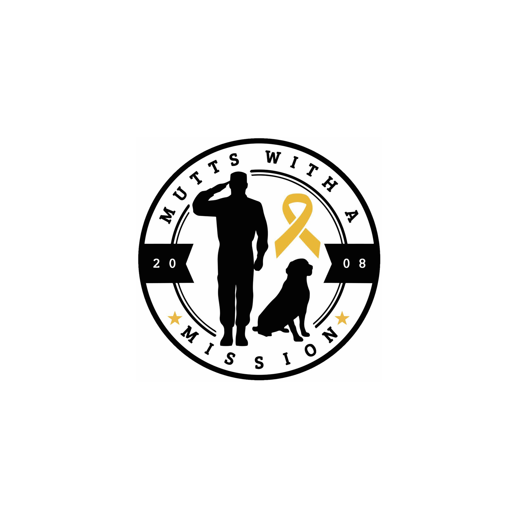 A circular logo with a black and white color scheme and gold accents. It features a silhouette of a man saluting and a dog sitting beside him, with a gold awareness ribbon in the background. The top of the circle reads "MUTTS WITH A", and the bottom reads "MISSION." The left side has the year "2008."