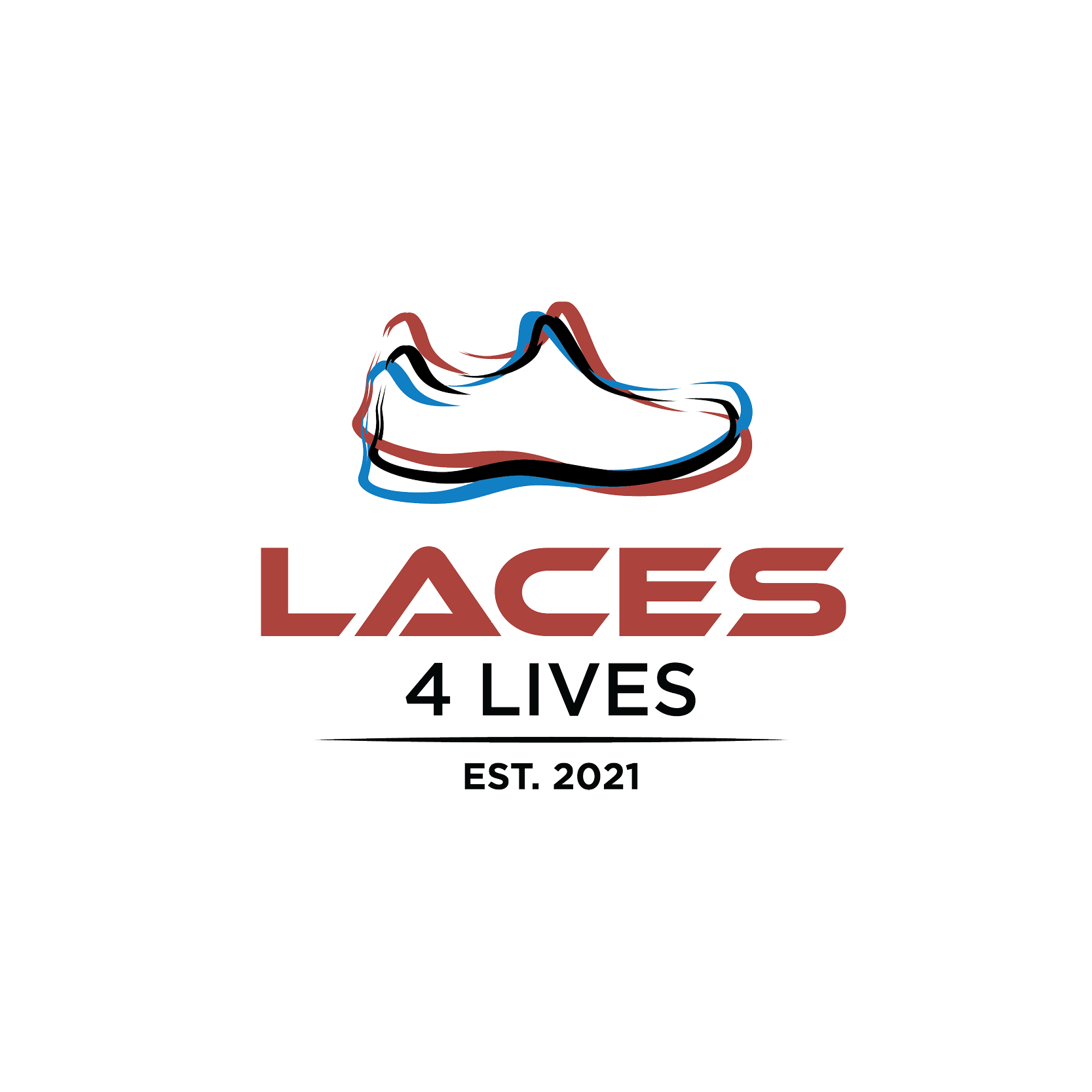 Logo for 'Laces 4 Lives,' a nonprofit organization established in 2021, featuring a stylized sneaker with red, blue, black, and gray lines.