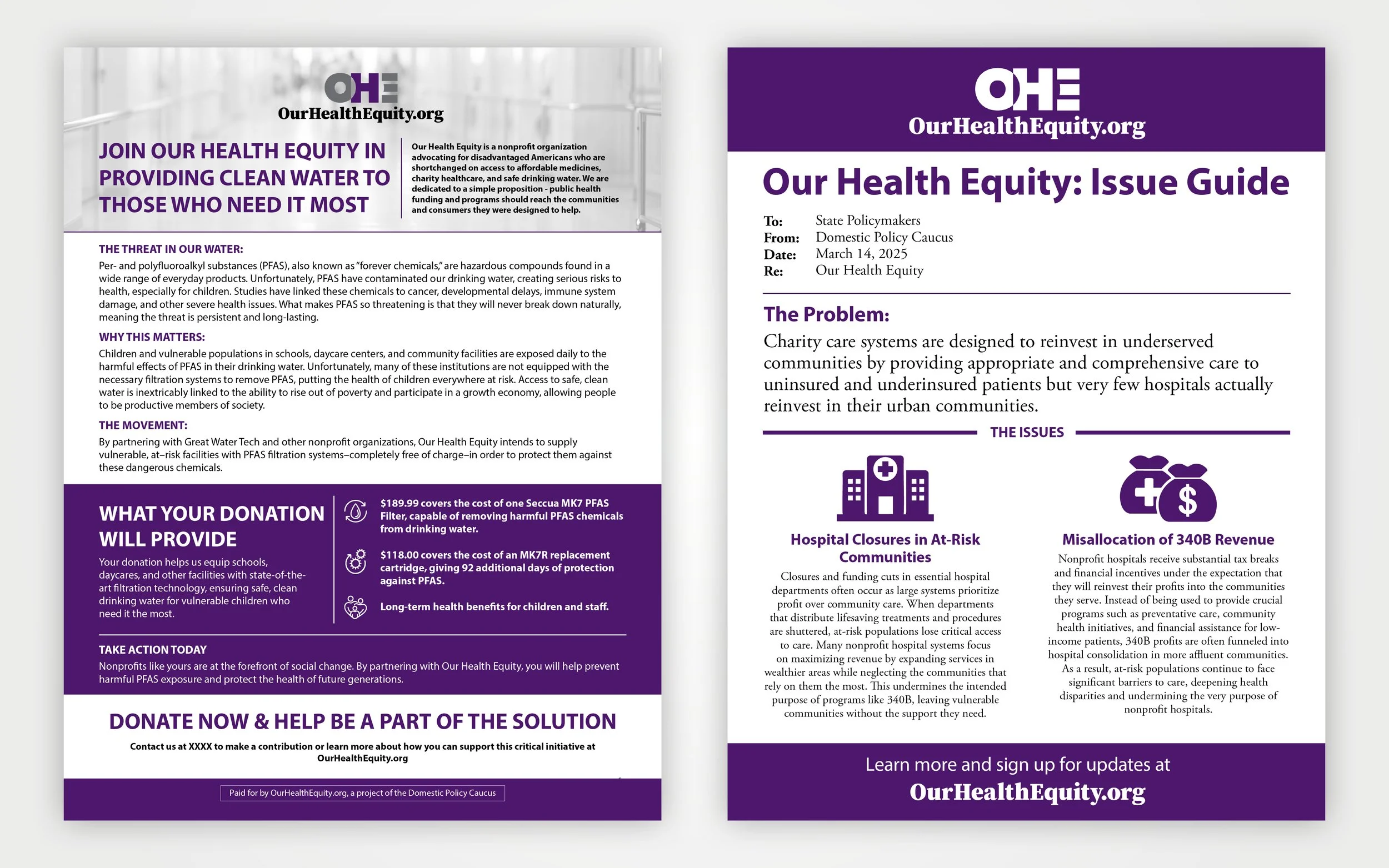 Two-page health equity issue guide flyer with purple and white color scheme. The left page promotes joining health equity efforts to provide clean water, explaining water-related health threats and solutions, and discusses donation impacts. The right page addresses health care disparities in underserved communities, highlighting issues like hospital closures and revenue misallocation, with a call to action to learn more and sign up at OurHealthEquity.org.