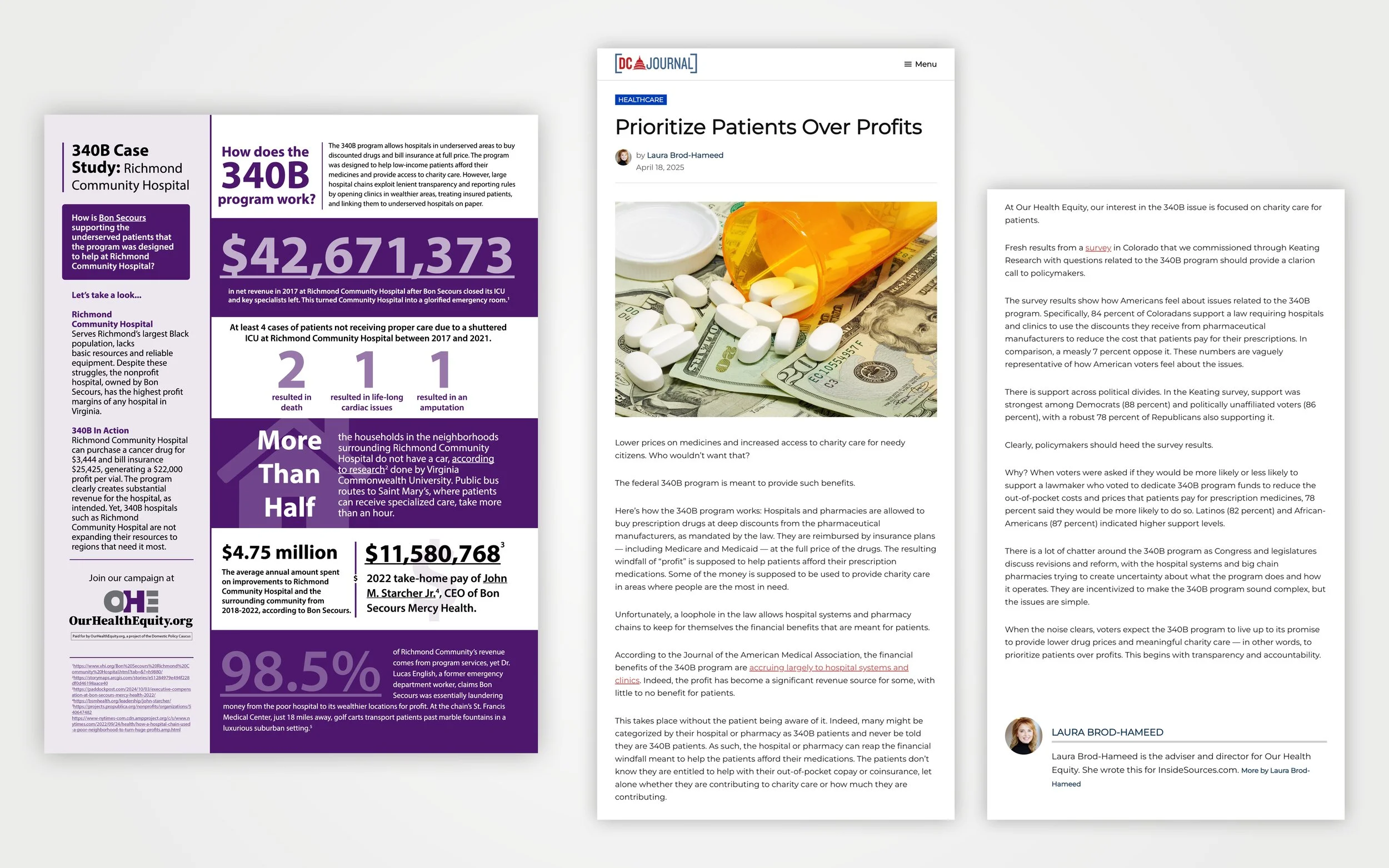 Three pages of medical and healthcare articles and info, featuring statistics about the 340B program, money spent, and a photo of pills on money, with a headline about prioritizing patients over profits.