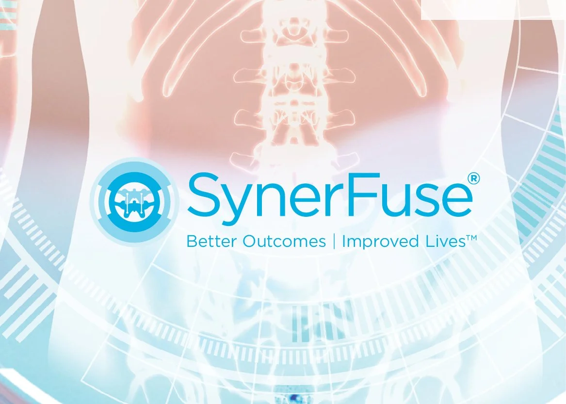 A medical-themed graphic featuring a stylized illustration of a spine and ribcage with a digital interface, displaying the logo and name of SynerFuse, along with the tagline "Better Outcomes | Improved Lives."