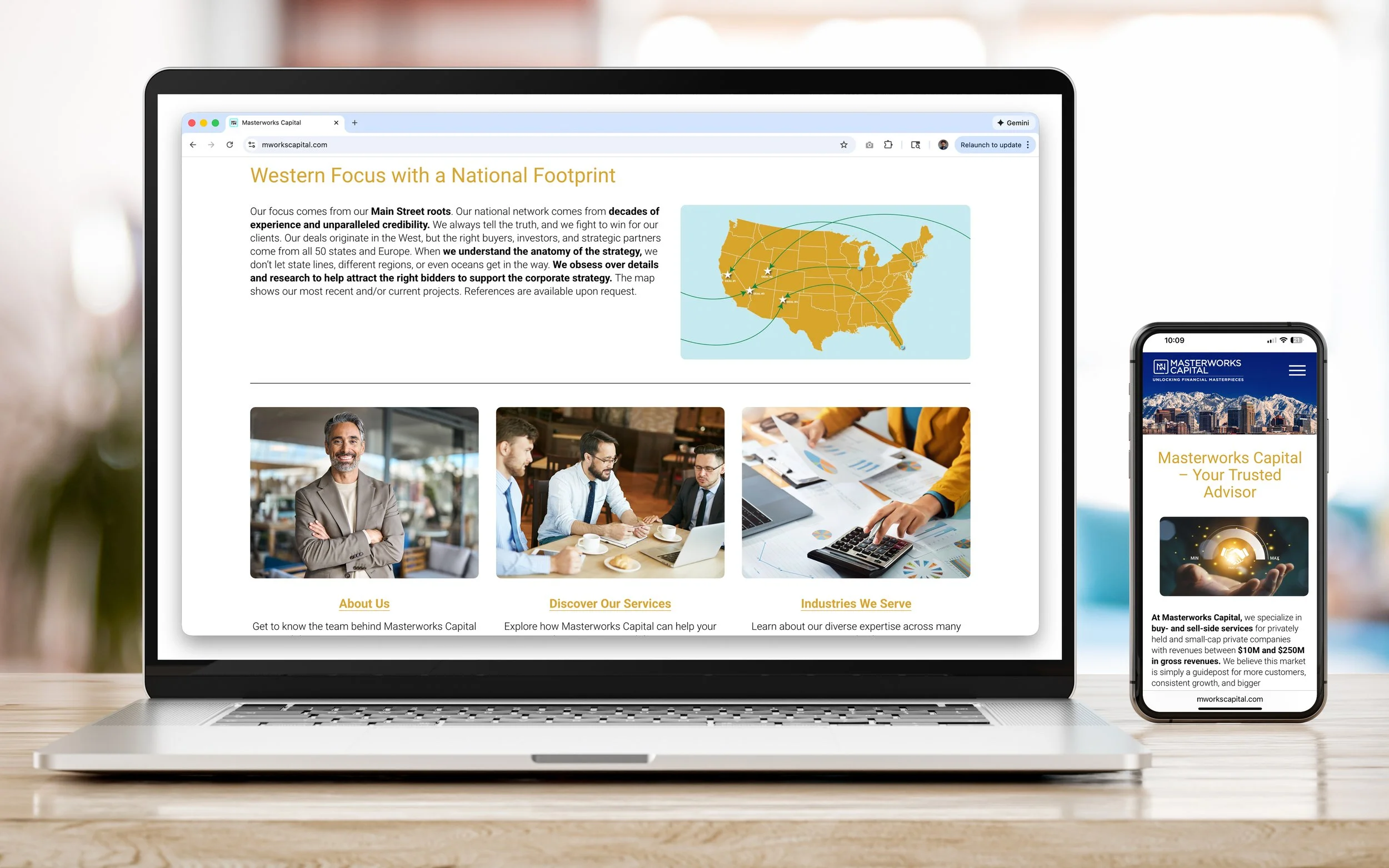 Laptop and smartphone displaying the website for Masterworks Capital, a financial advisory firm. The laptop screen shows an overview of the company's services and a map of the United States, while the phone displays the company's branding and a brief introduction.